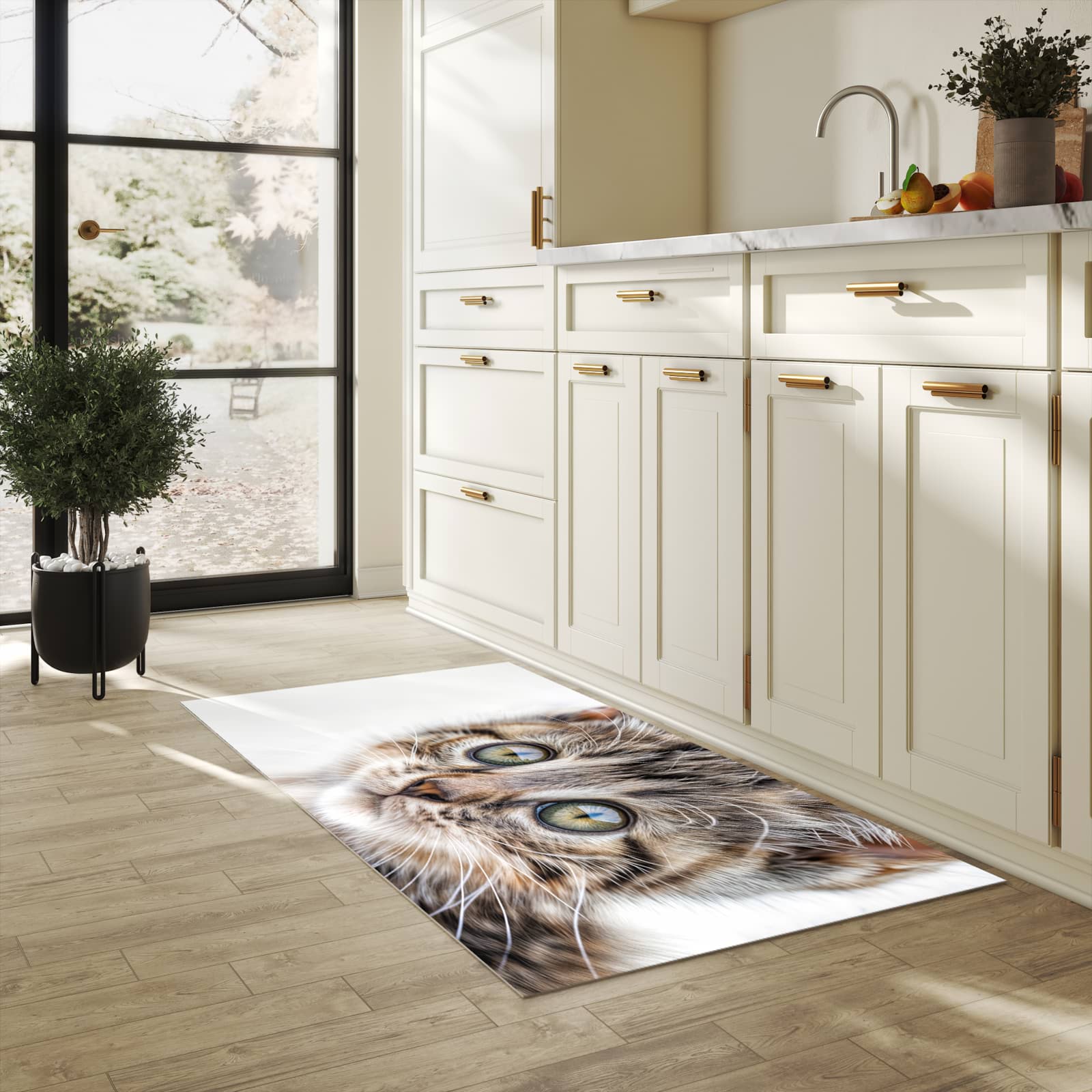 Geruchsneutraler rutschfester Läufer mit Motiv Katzenjunges trittin in heller Küche