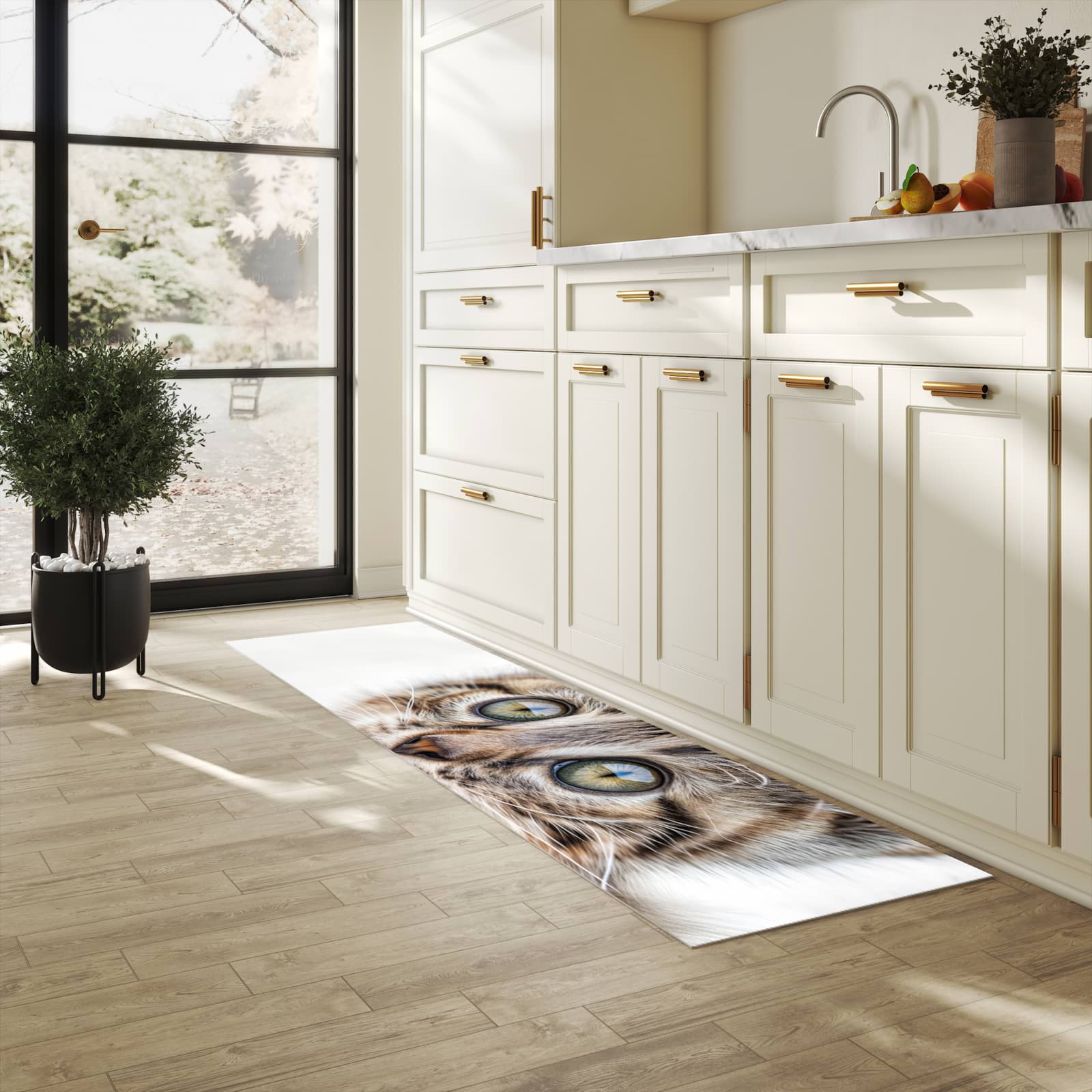 Zeitsparender waschbarer Küchenteppich mit Motiv Katzenjunges trittin in heller Küche