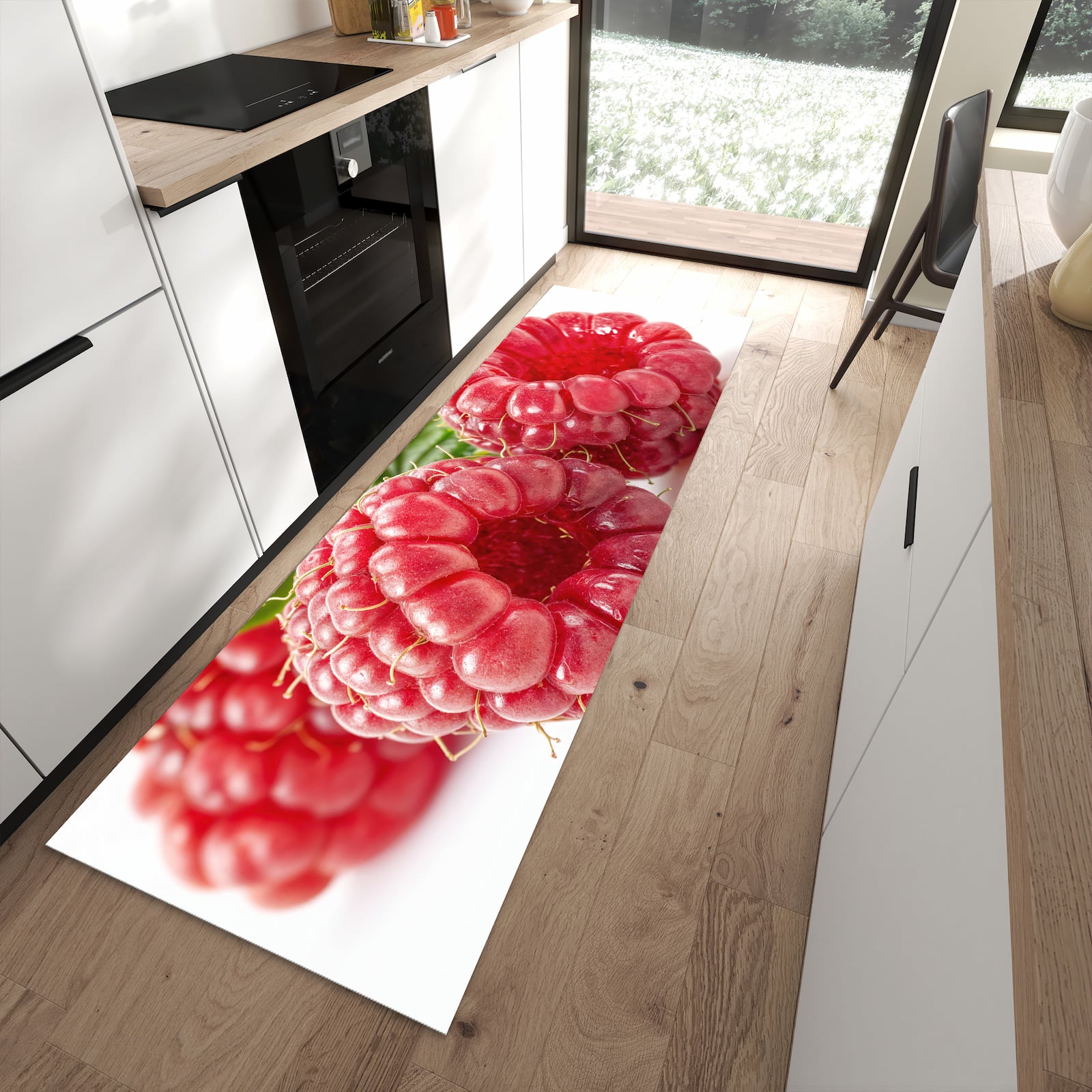 Rutschfester Küchenteppich mit Motiv Himbeeren von Frische in moderner Küche