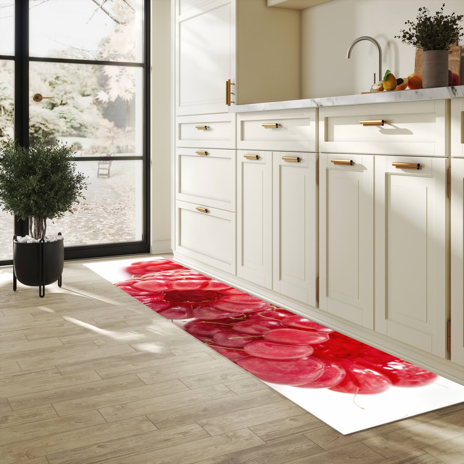 Strapazierfähiger Küchenteppich mit Motiv Himbeeren von Frische in heller Küche