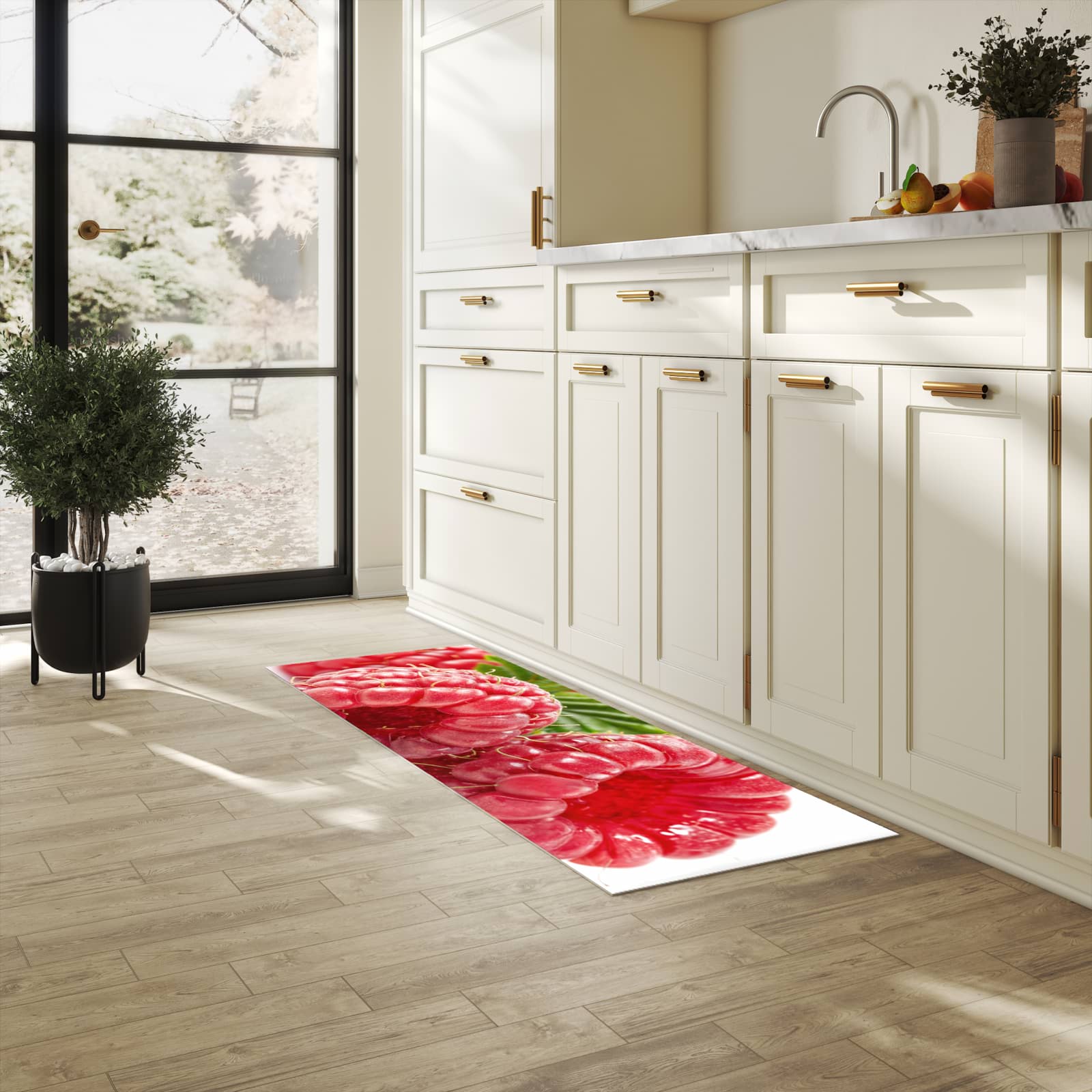 Abwaschbarer Küchenteppich mit Motiv Himbeeren von Frische in heller Küche