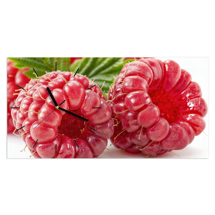 Wanduhr Saftige Himbeeren Nah aus Glas – Querformat 60 × 30 cm mit Ziffernblatt Linie