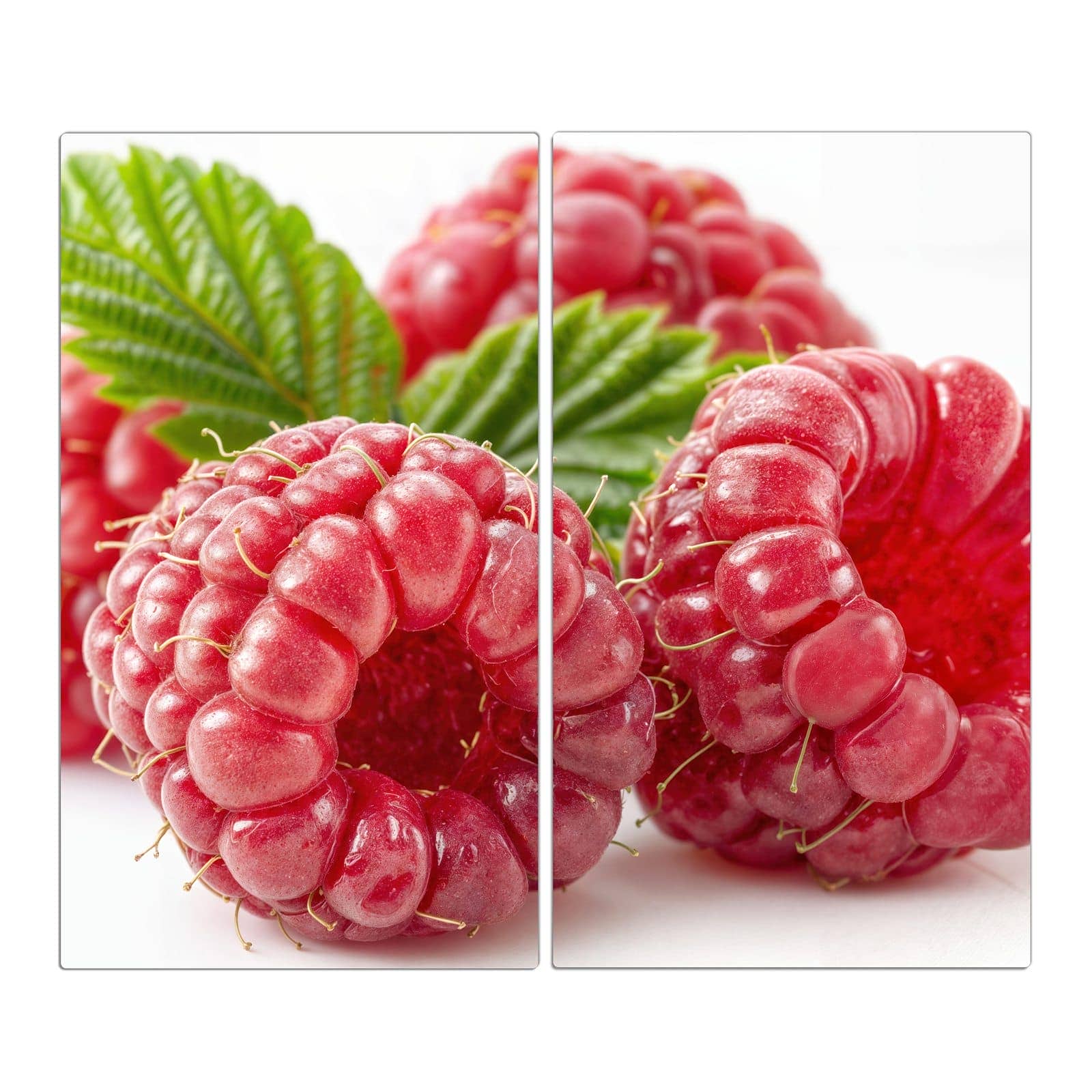 2-teilige Herdabdeckung für Induktionsfeld mit Saftige Himbeeren Nah-Motiv in der Frontansicht #grösse_2-Teilig (60x52cm)