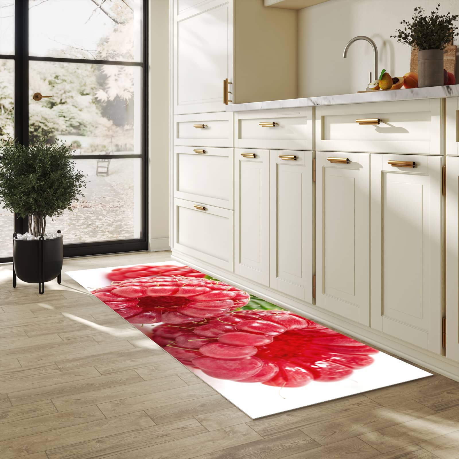 Rutschfester Küchenteppich mit Motiv Himbeeren von Frische in heller Küche