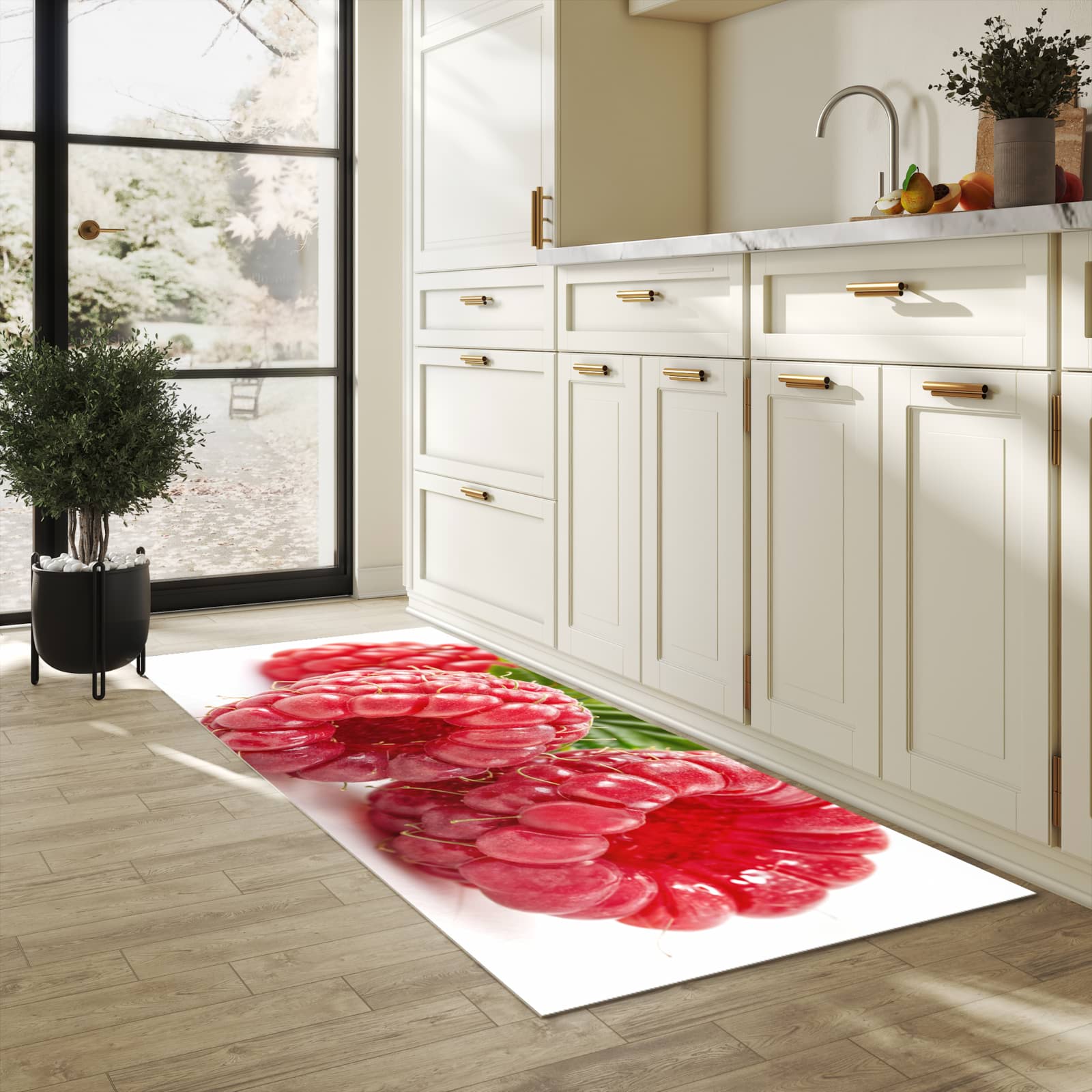 Bodenschonender Läufer für die Küche mit Motiv Himbeeren von Frische in heller Küche