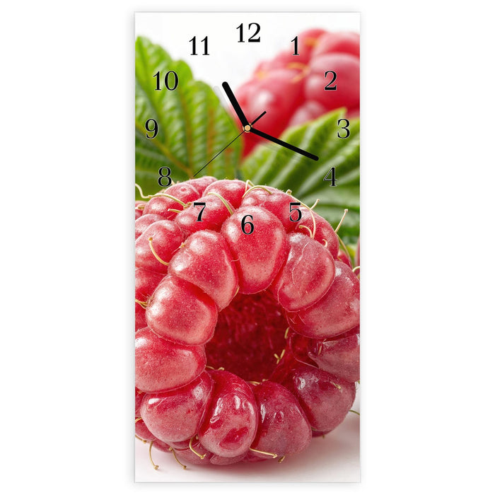 Wanduhr Saftige Himbeeren Nah aus Glas – Hochformat 30 × 60 cm mit Ziffernblatt Klassisch