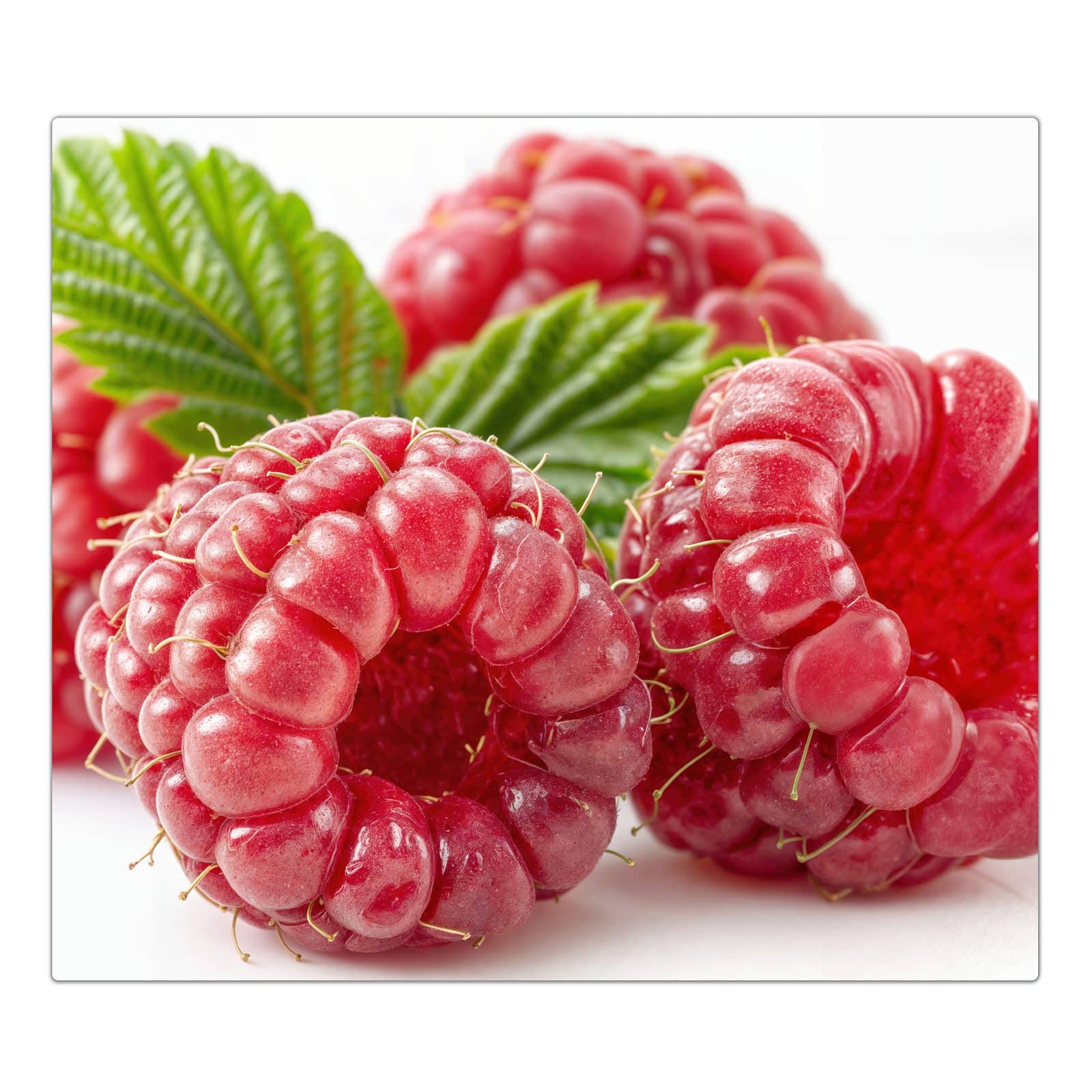 1-teilige Herdabdeckplatten aus Glas mit Saftige Himbeeren Nah-Motiv in der Frontansicht #grösse_1-Teilig (60x52cm)