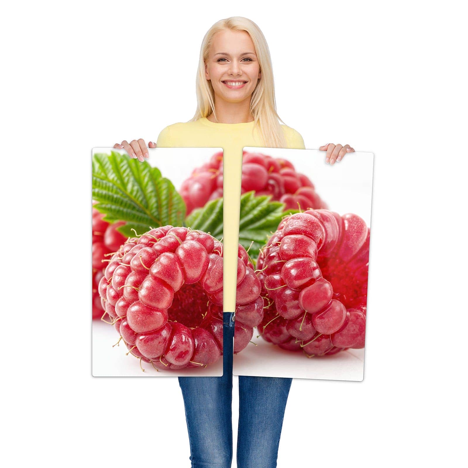 2-teilige Herdabdeckplatte für Ceranfeld mit Saftige Himbeeren Nah-Motiv wird zur Größendarstellung gehalten