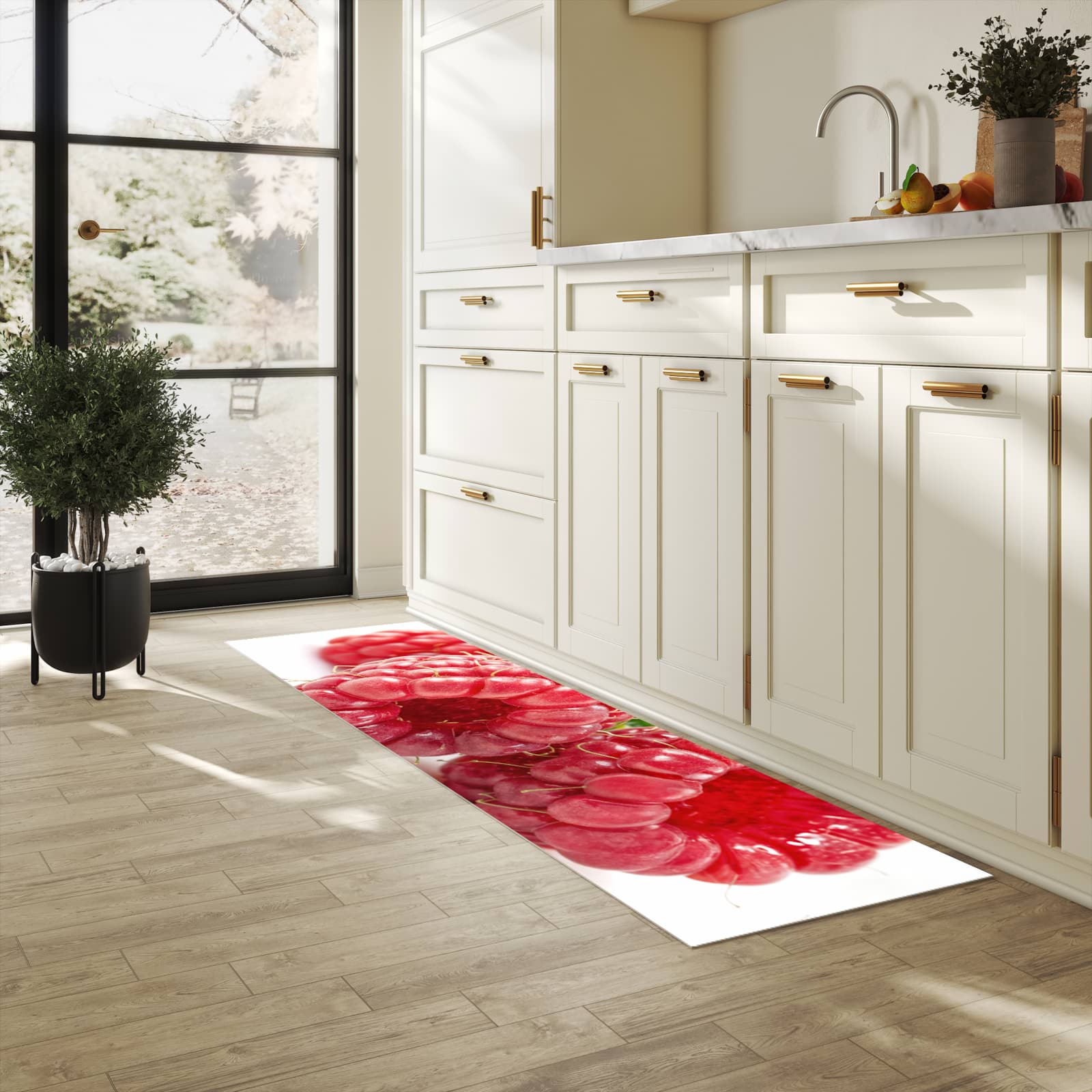 Komfortabler Küchenläufer mit Motiv Himbeeren von Frische in heller Küche