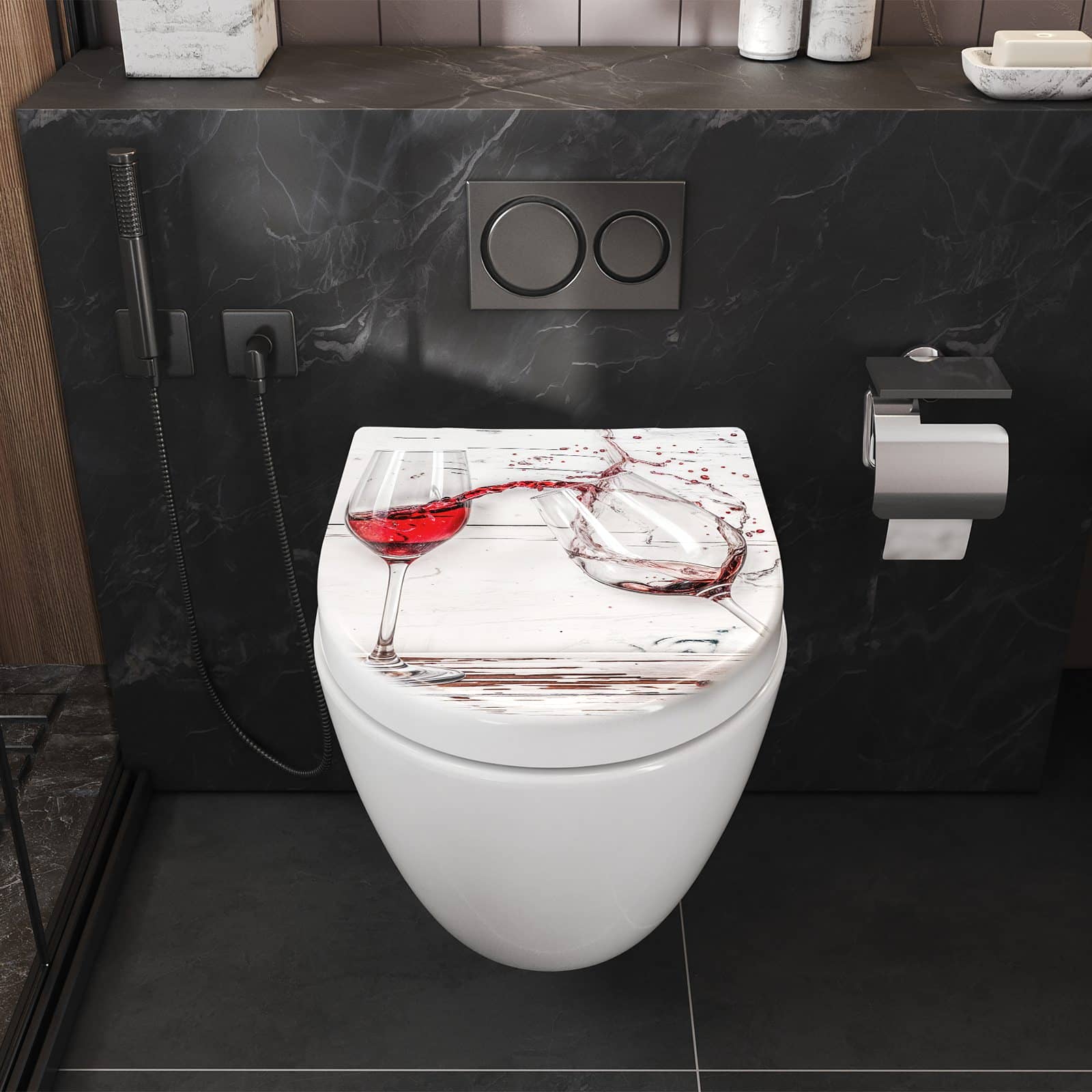 WC-Sitz mit Absenkautomatik Rotweingläserfall