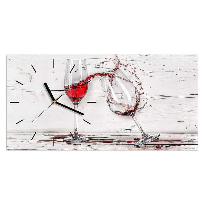Wanduhr Fallende Rotweingläser aus Glas – Querformat 60 × 30 cm mit Ziffernblatt Linie