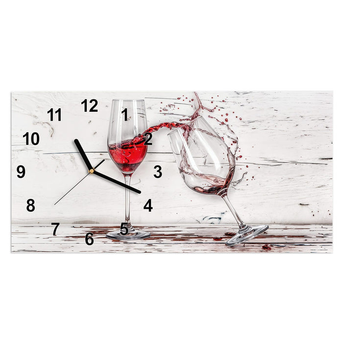 Wanduhr Fallende Rotweingläser aus Glas – Querformat 60 × 30 cm mit Ziffernblatt Modern