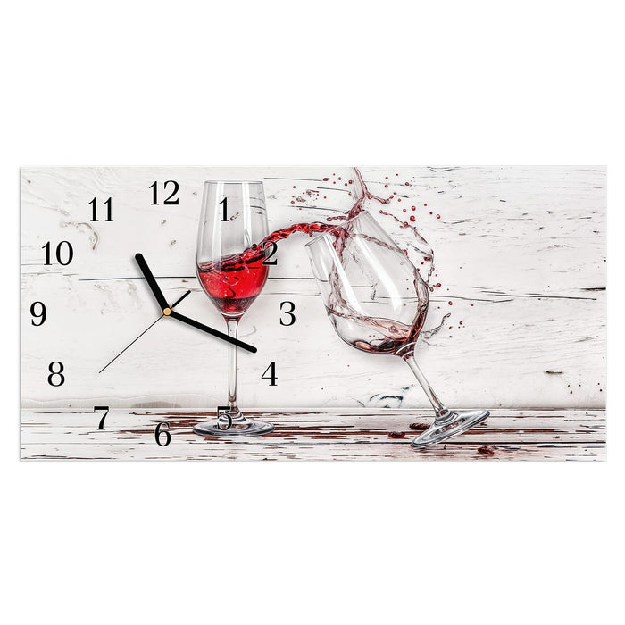Wanduhr Fallende Rotweingläser aus Glas – Querformat 60 × 30 cm mit Ziffernblatt Klassisch