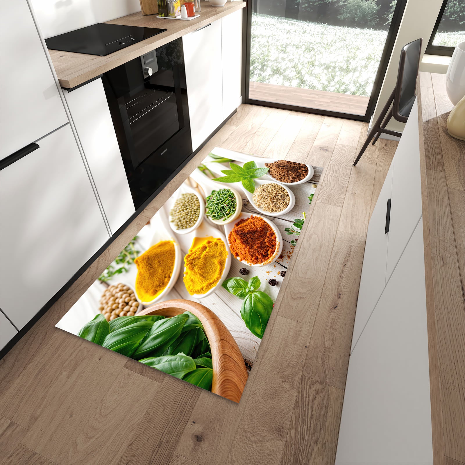 Waschbarer Küchenteppich mit Motiv Gewürzvielfalt in moderner Küche