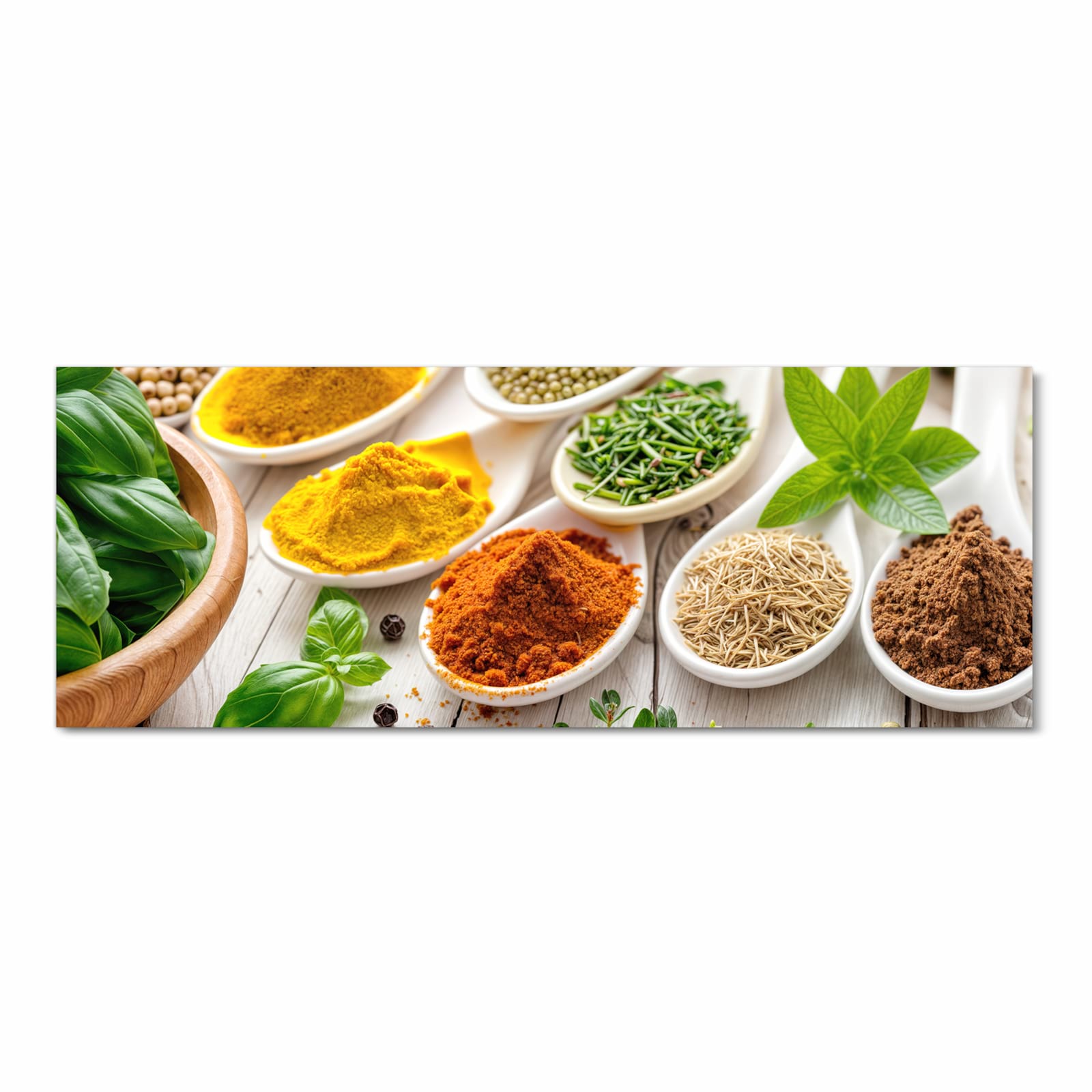 Bodenschonender Teppich fürs Esszimmer mit Motiv Gewürzvielfalt in Frontansicht, waschbar