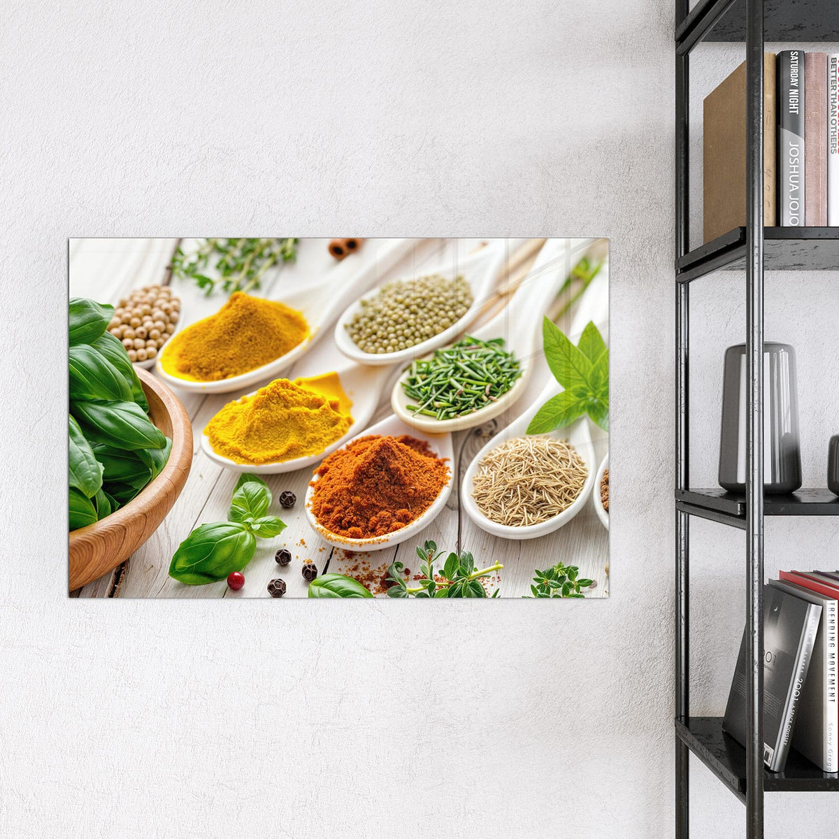 Magnettafel - Gewürze auf Porzellan – Porzellanlöffel mit bunten Gewürzen