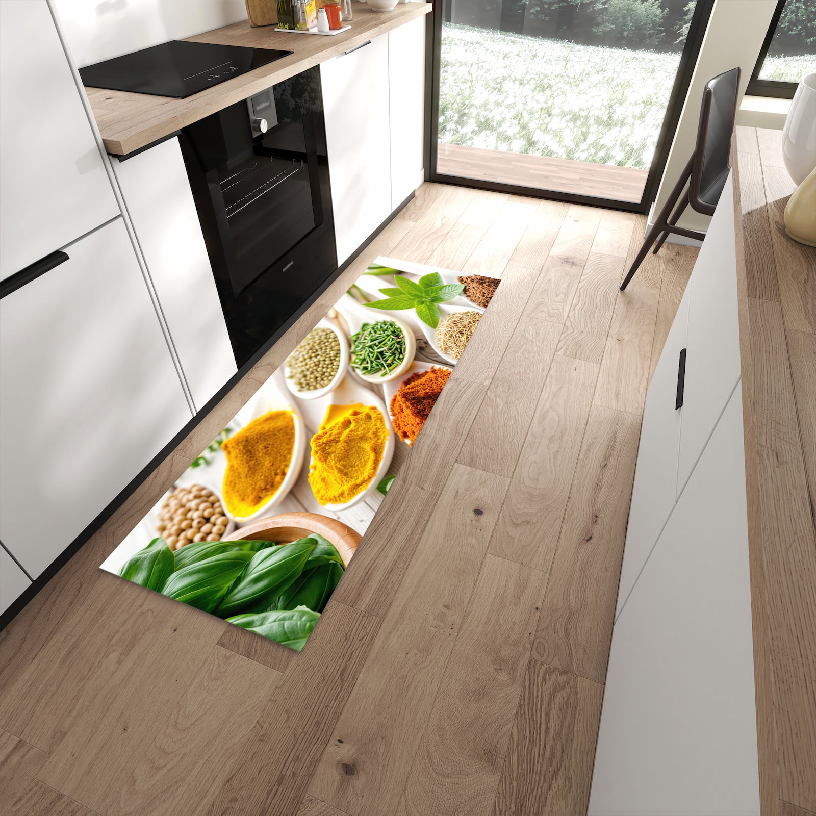 Schmutzabweisender Küchenteppich mit Motiv Gewürzvielfalt in moderner Küche