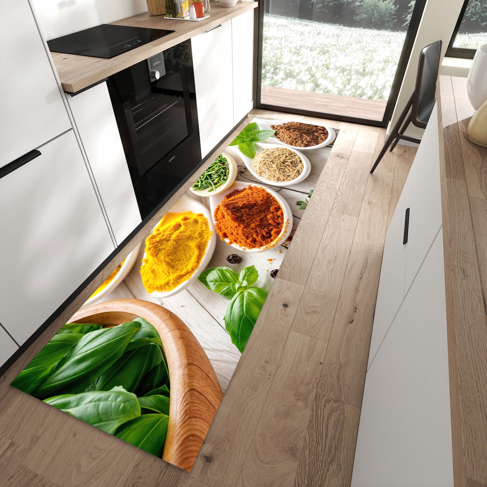 Hygienischer rutschfester Küchenteppich mit Motiv Gewürzvielfalt in moderner Küche