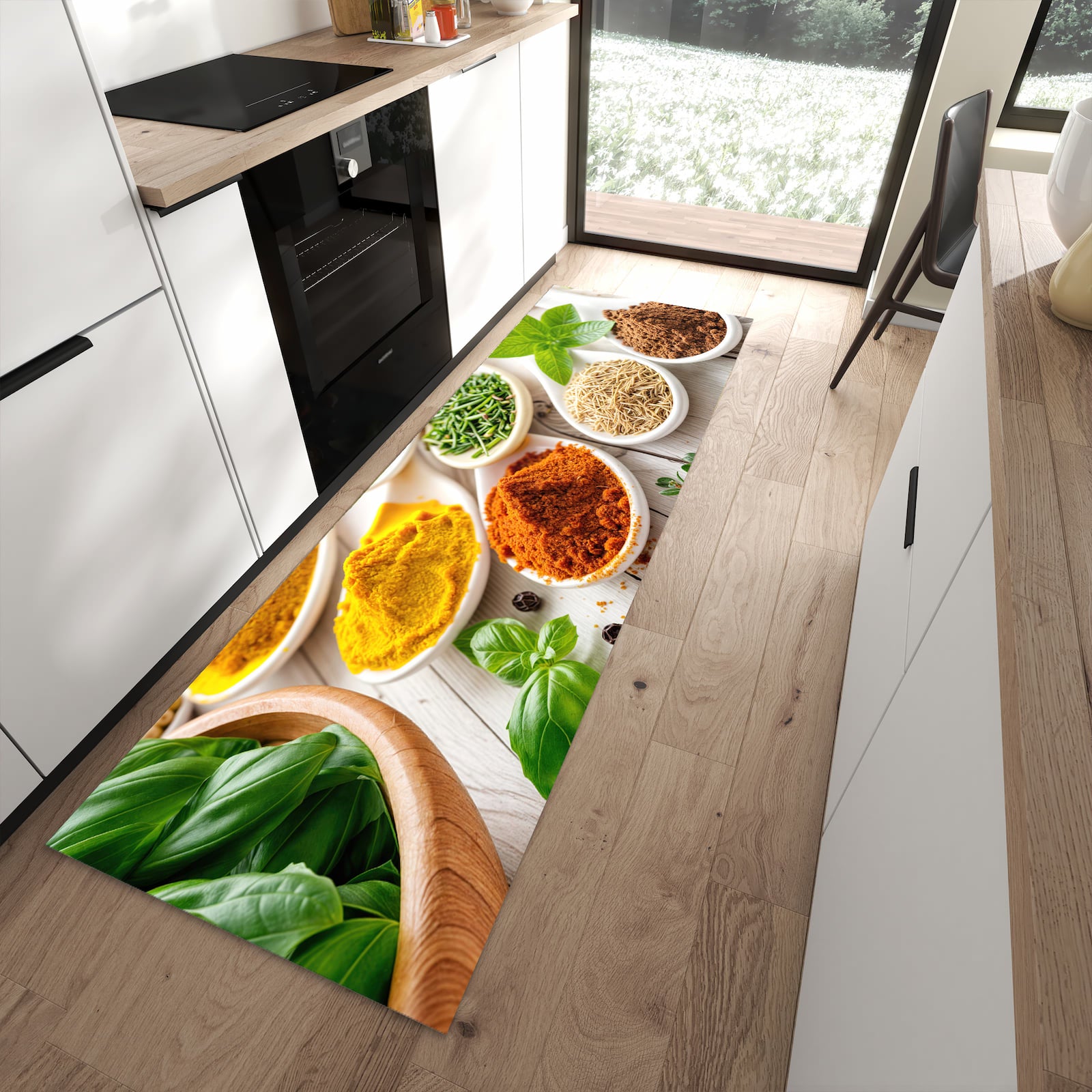 Komfortabler Küchenteppich mit Motiv Gewürzvielfalt in moderner Küche