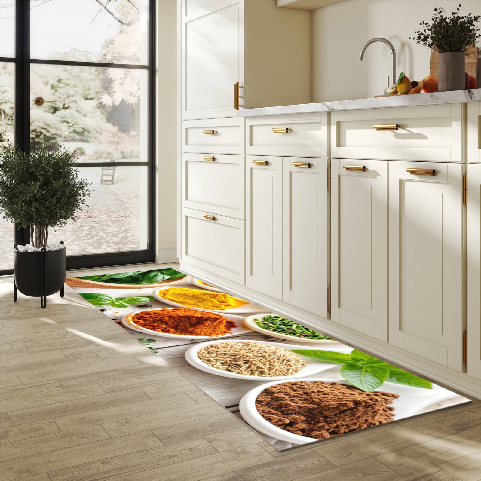 Küchenteppich mit Motiv Gewürzvielfalt für Ordnung in heller Küche
