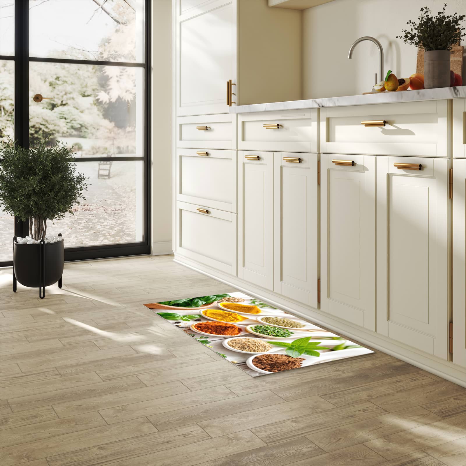 Waschbarer Teppich fürs Esszimmer mit Motiv Gewürzvielfalt in heller Küche