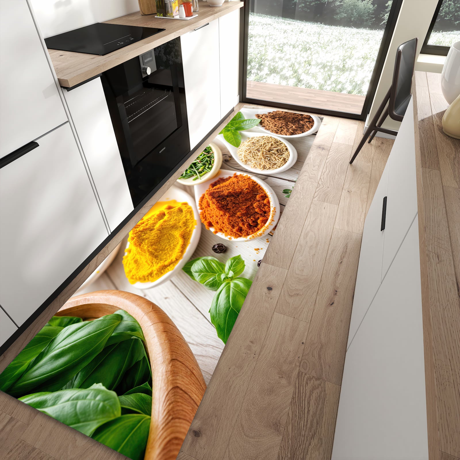 Strapazierfähiger Küchenteppich mit Motiv Gewürzvielfalt in moderner Küche