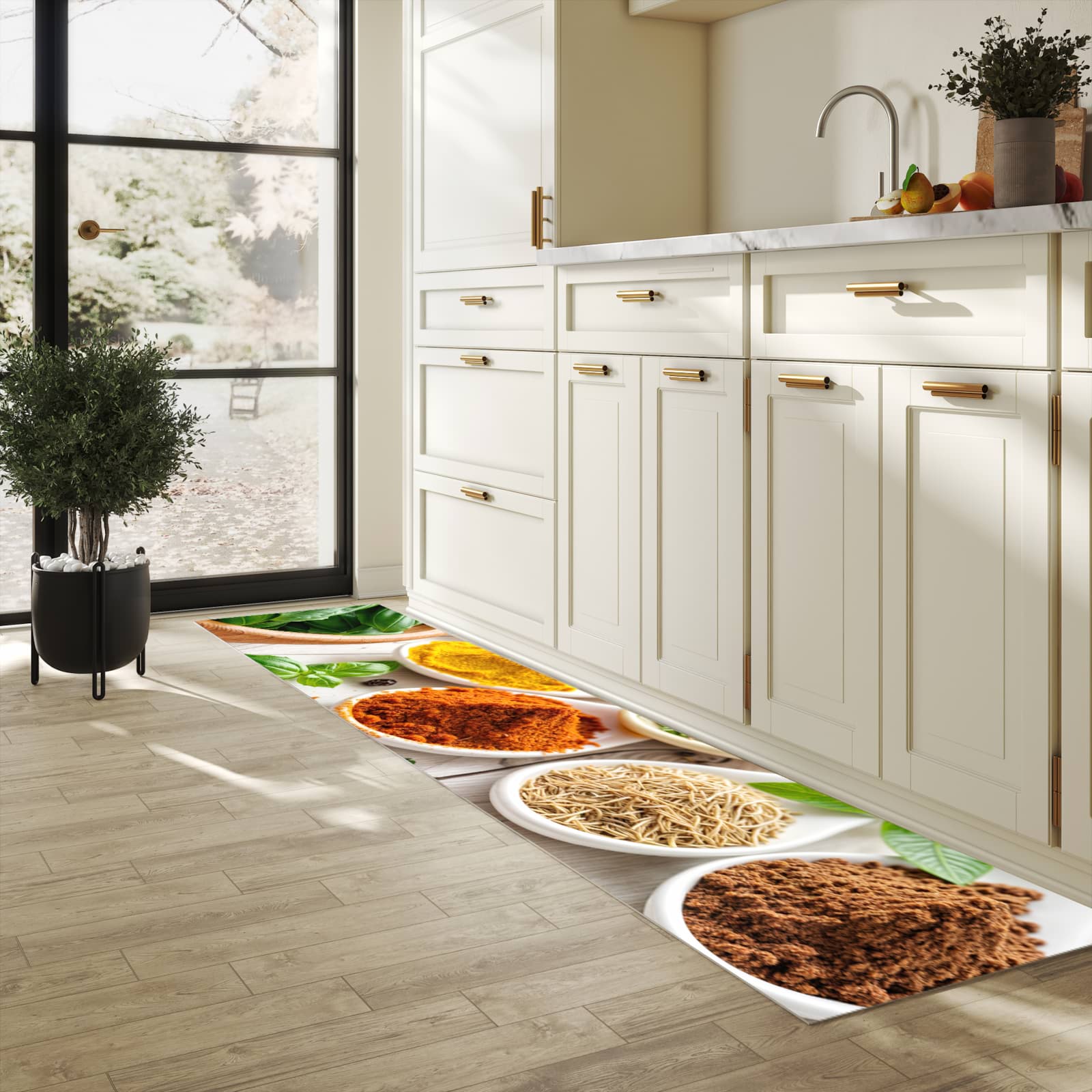 Langlebiger Küchenteppich mit Motiv Gewürzvielfalt in heller Küche