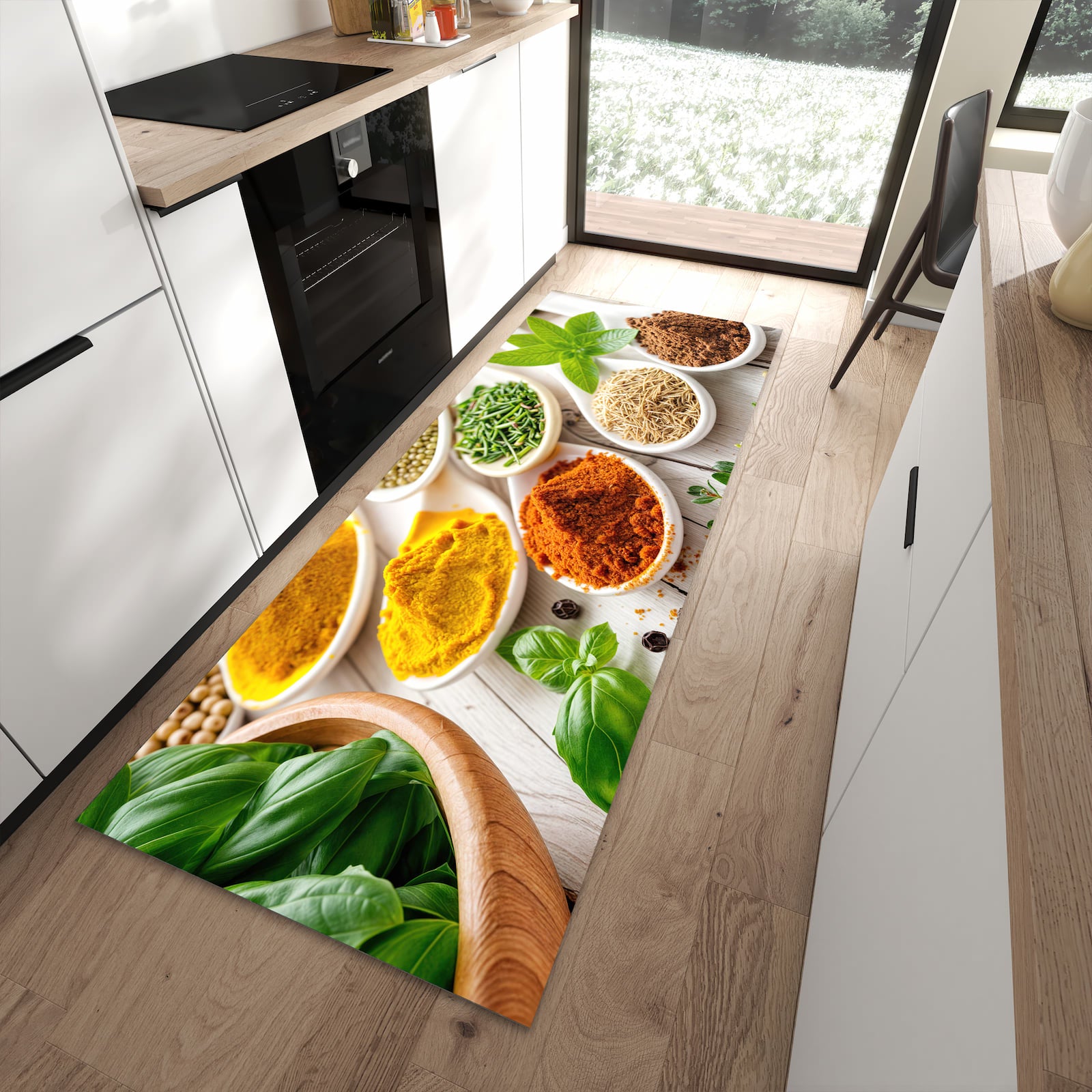Langlebiger waschbarer Küchenteppich mit Motiv Gewürzvielfalt in moderner Küche