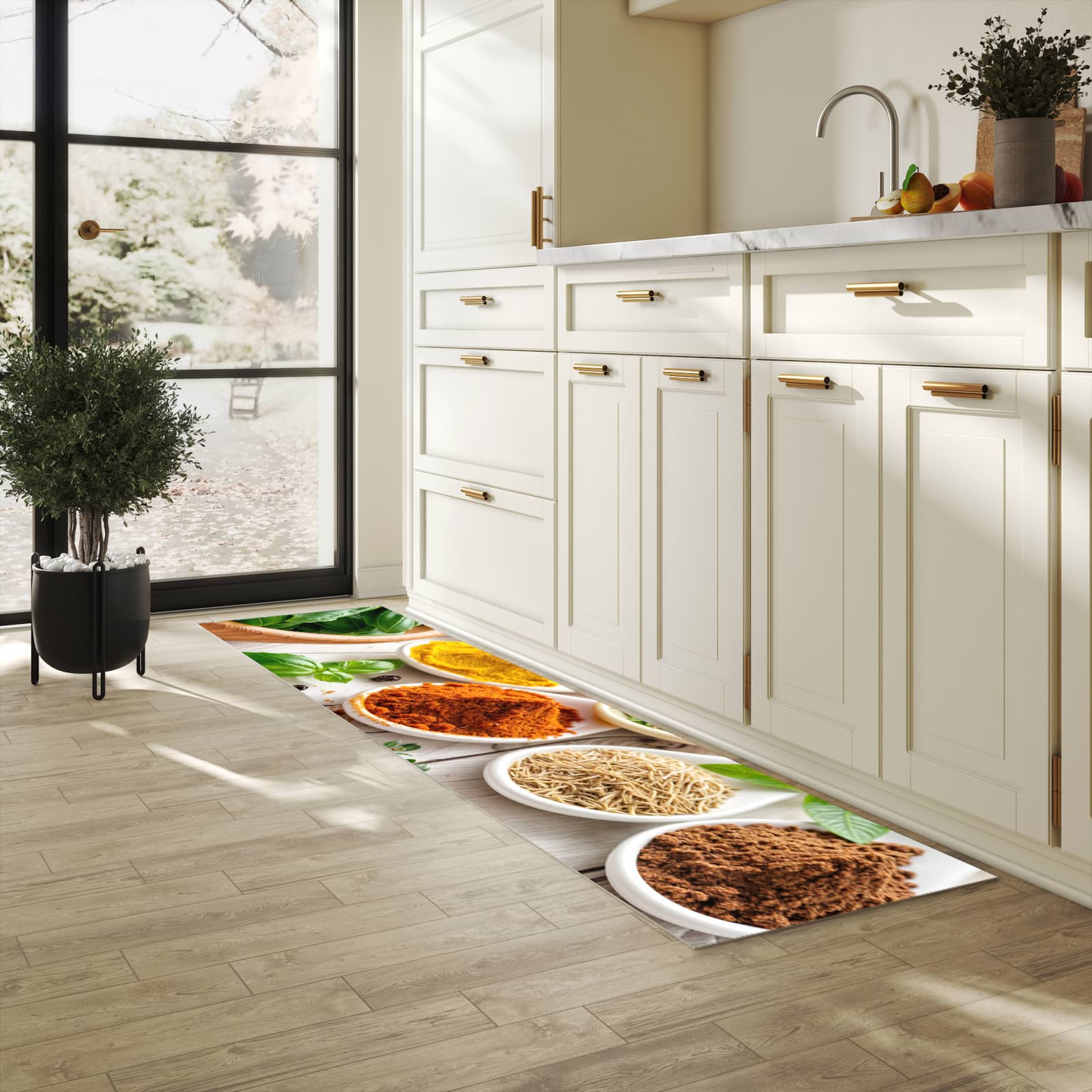 Waschbarer Bodenläufer Teppich mit Motiv Gewürzvielfalt in heller Küche