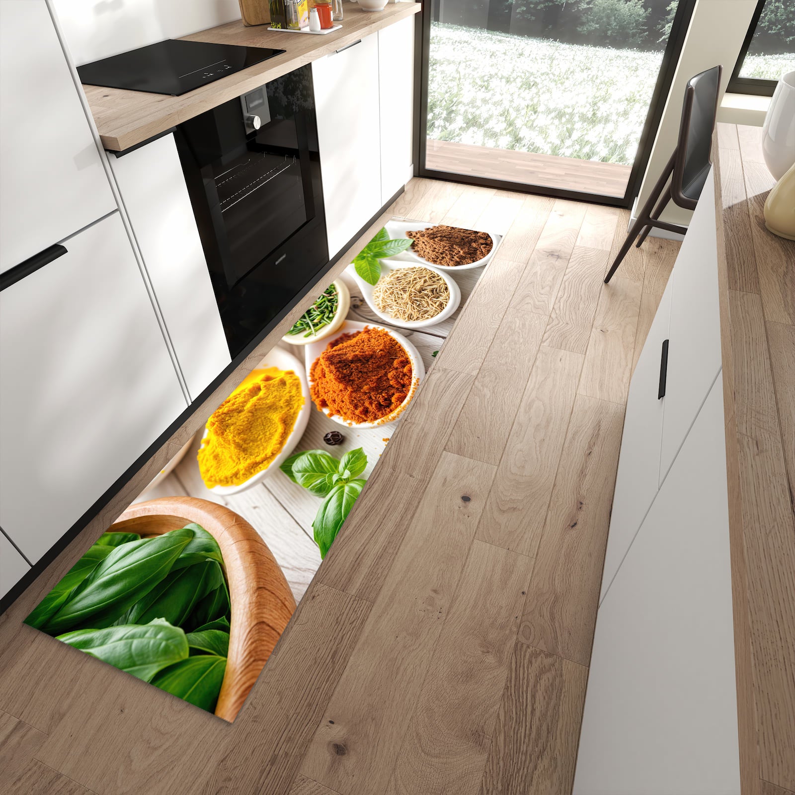 Geruchsneutraler Teppich in Küche mit Motiv Gewürzvielfalt in moderner Küche