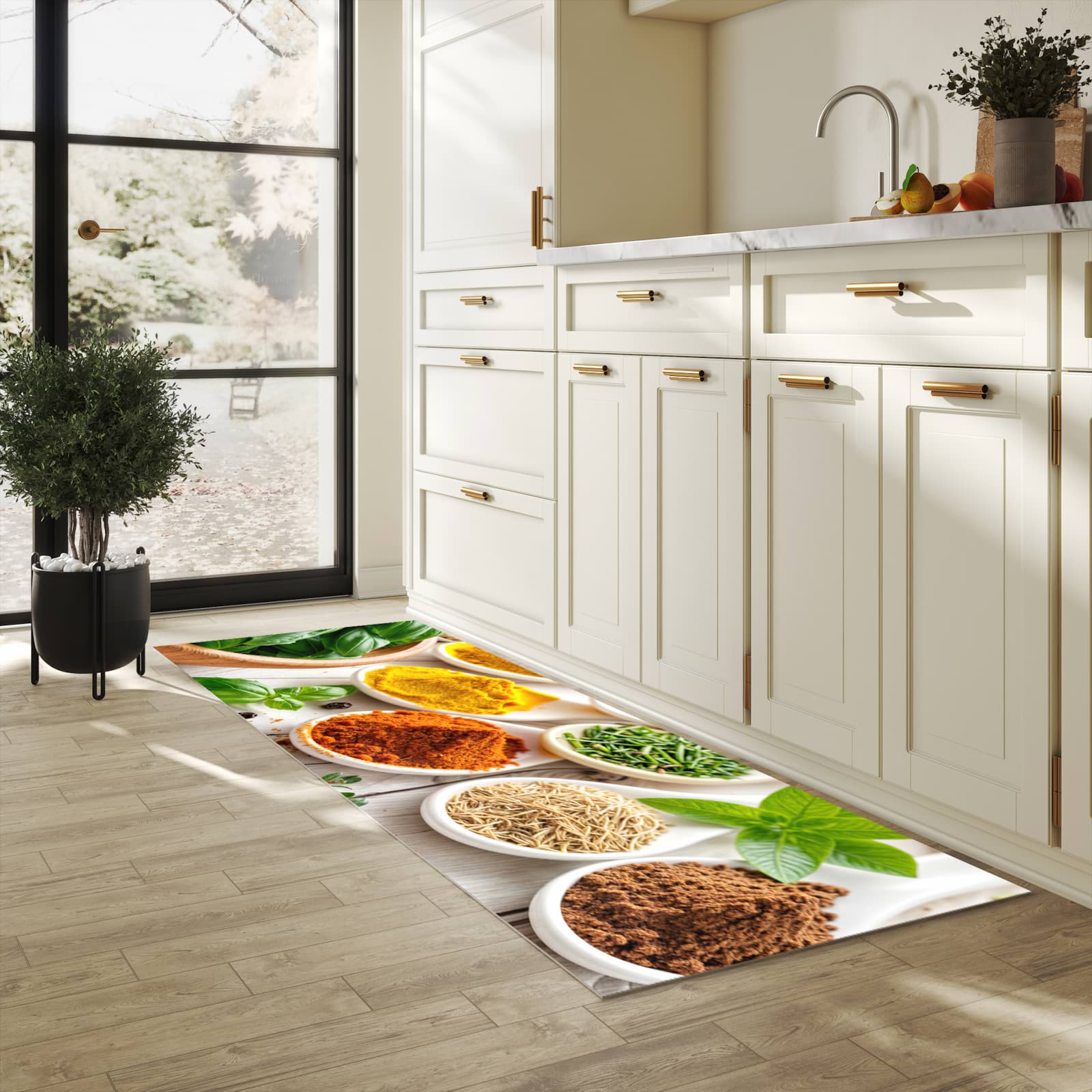 Rutschfester Küchenteppich mit Motiv Gewürzvielfalt in heller Küche schützt den Boden