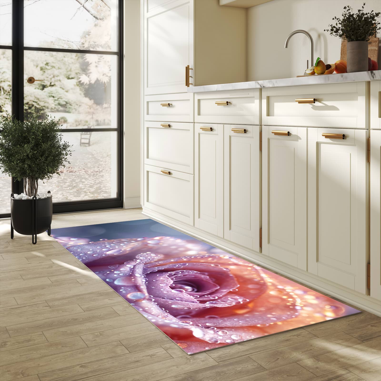Rutschfester dünner Küchenteppich mit Motiv Nasser Blumenglanz in heller Küche