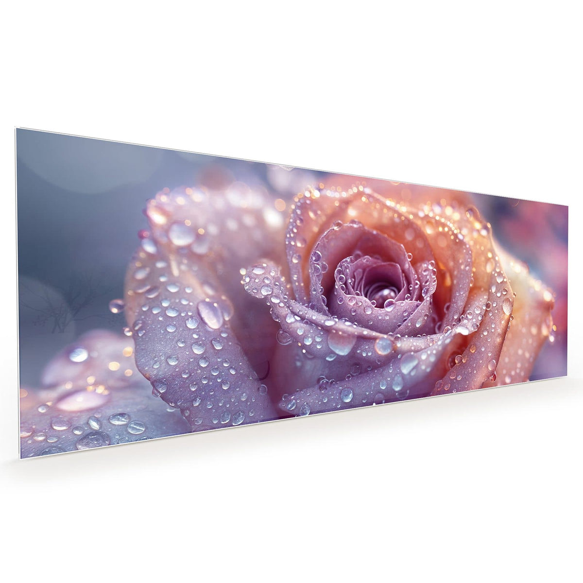 Küchenrückwand aus Glas im Hochformat: Makro einer lila-rosa Rose, dicht mit Wassertropfen besetzt.