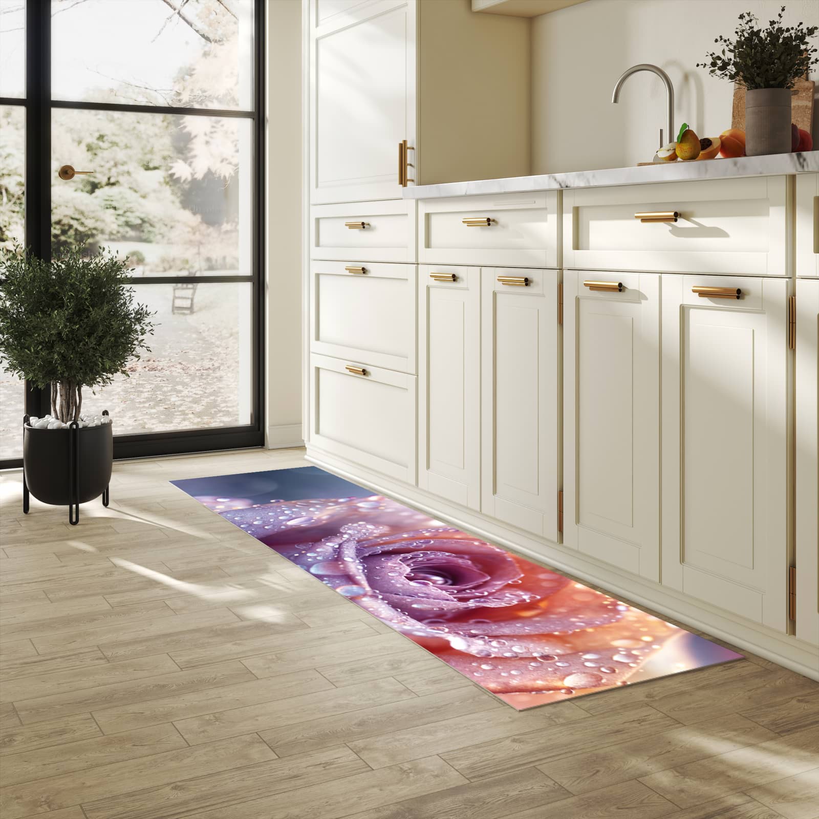Komfortabler Küchenläufer mit Motiv Nasser Blumenglanz in heller Küche für angenehmes Stehen