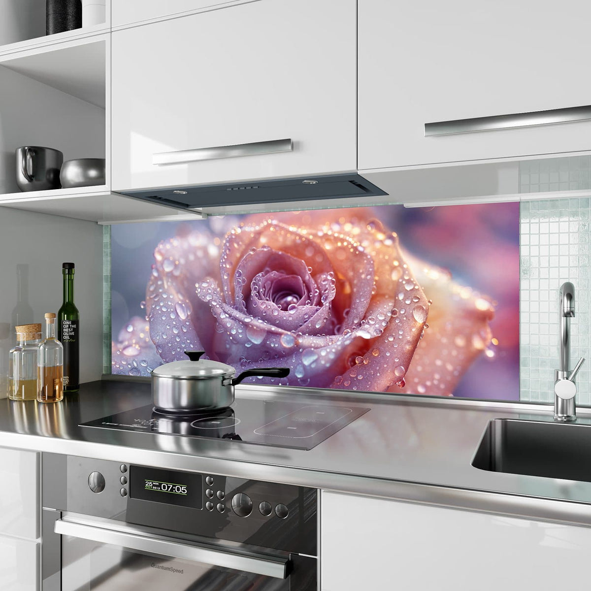 Küchenrückwand Lila Rose im Tau aus Glas – Lila Rose mit funkelnden Tropfen