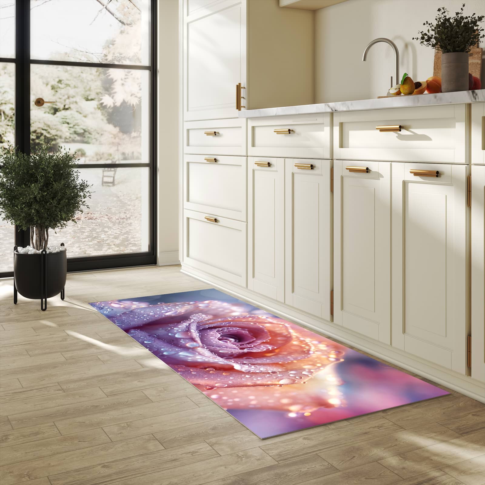 Geruchsneutraler langer Teppich mit Motiv Nasser Blumenglanz in heller Küche