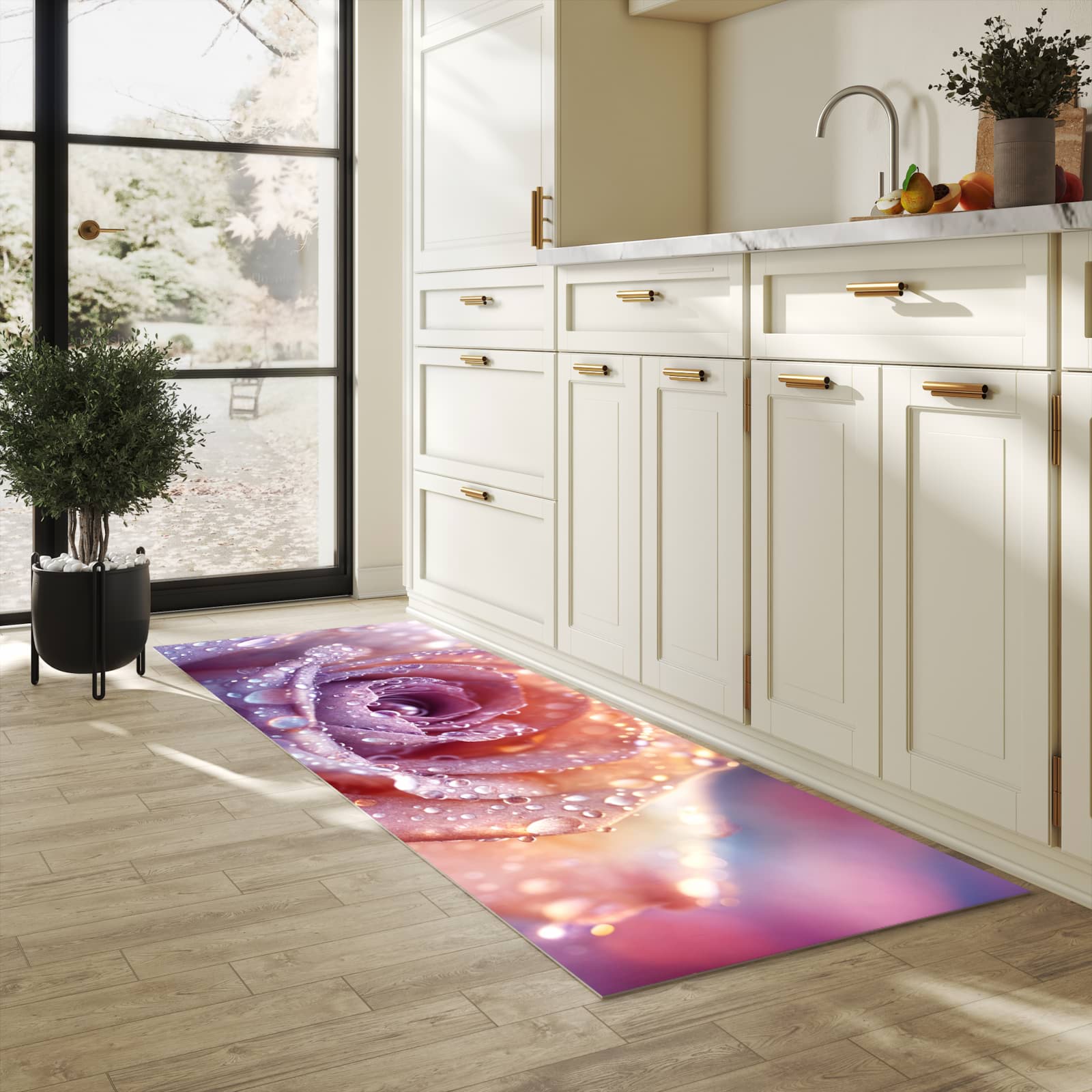 Langlebiger Läufer mit Motiv Nasser Blumenglanz für Eingangsbereich in heller Küche