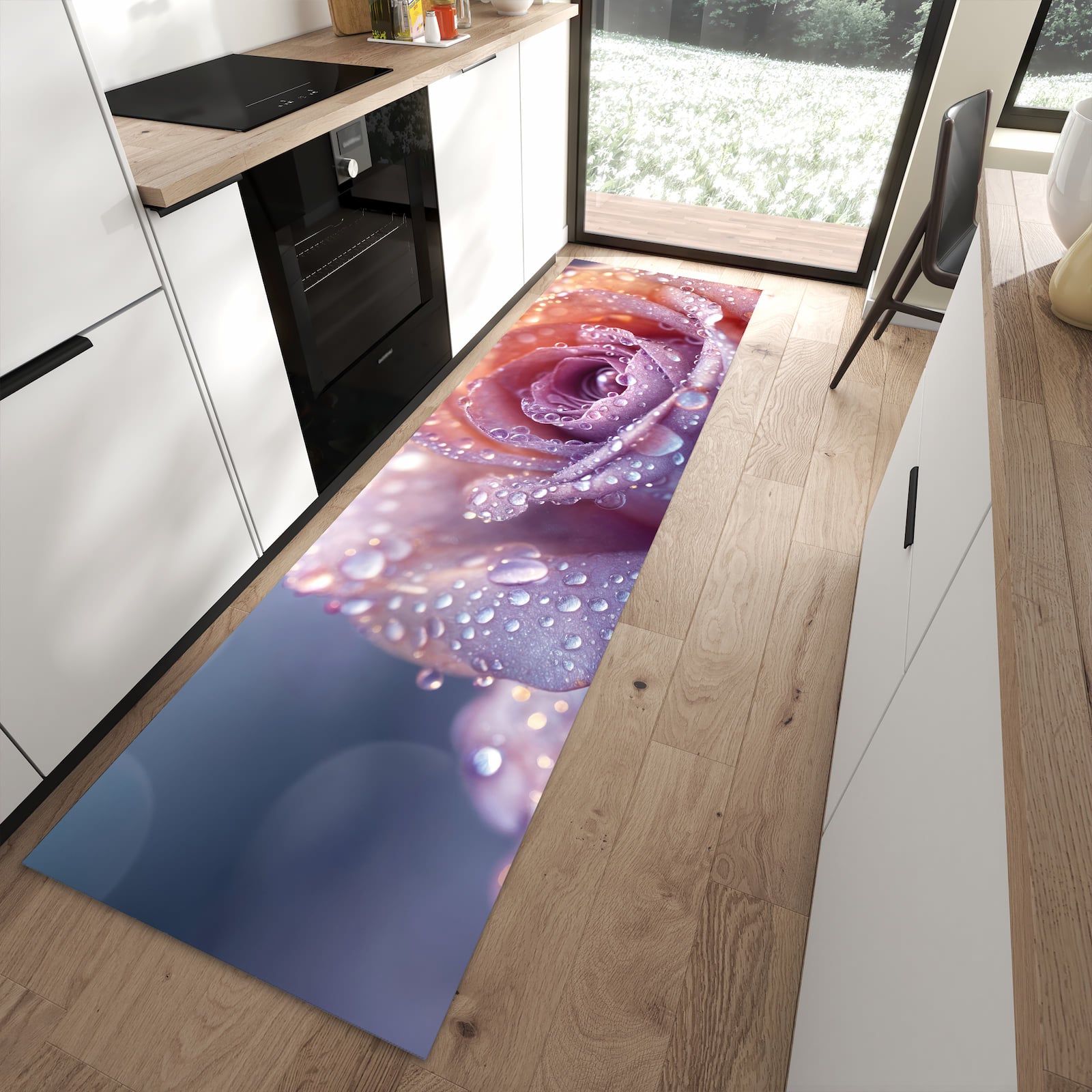 Geräuschdämpfender Küchenteppich mit Motiv Nasser Blumenglanz in moderner Küche