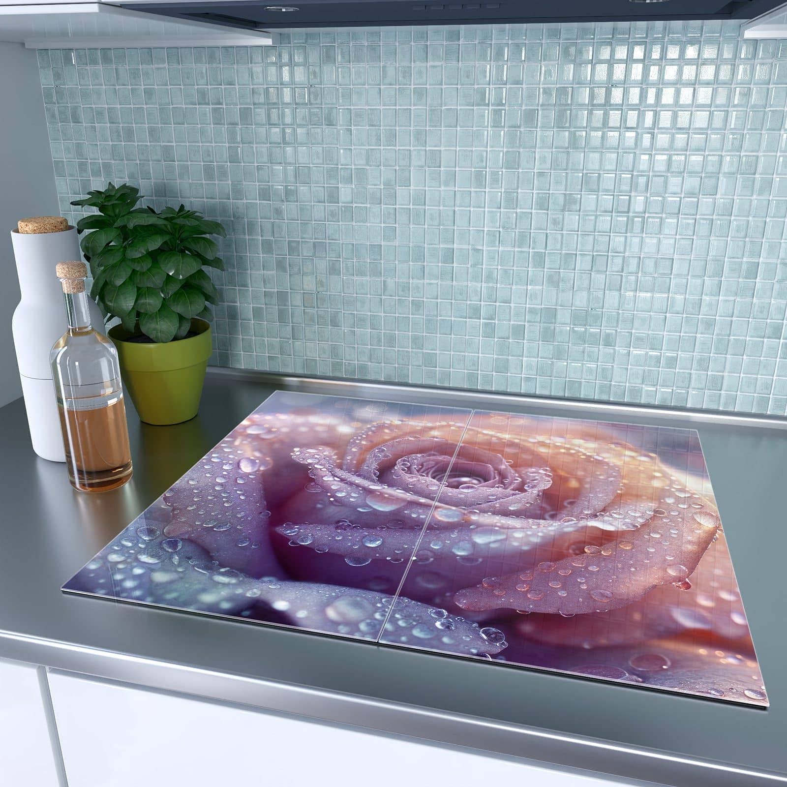 2-teilige Herd Schutzplatte mit Blüte mit Wassertropfen-Motiv auf dem Ceranfeld