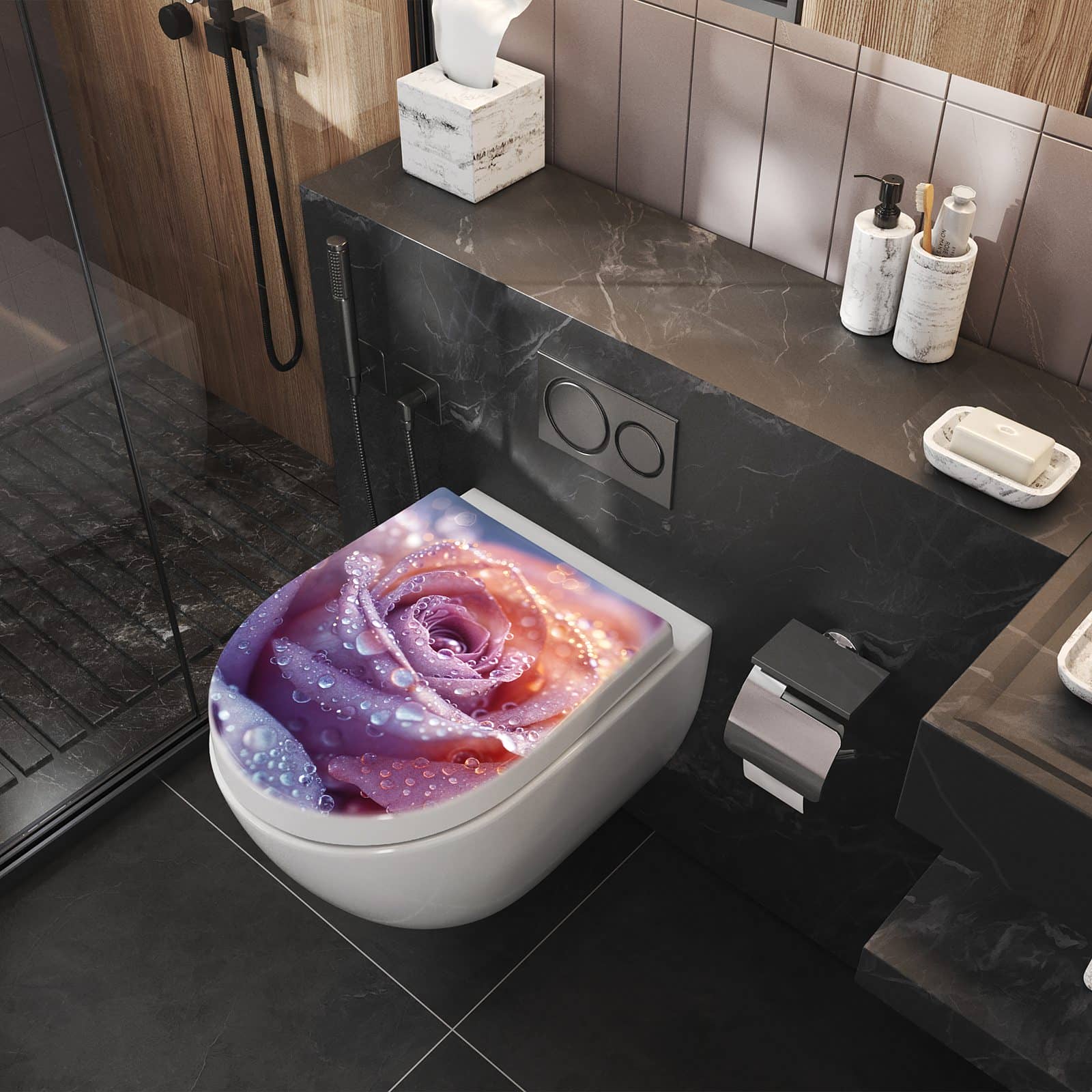 WC-Sitz mit Absenkautomatik Nasser Blumenglanz