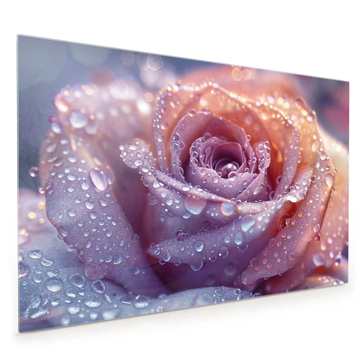 Küchenrückwand aus Glas im Hochformat: Makro einer lila-rosa Rose, dicht mit Wassertropfen besetzt.