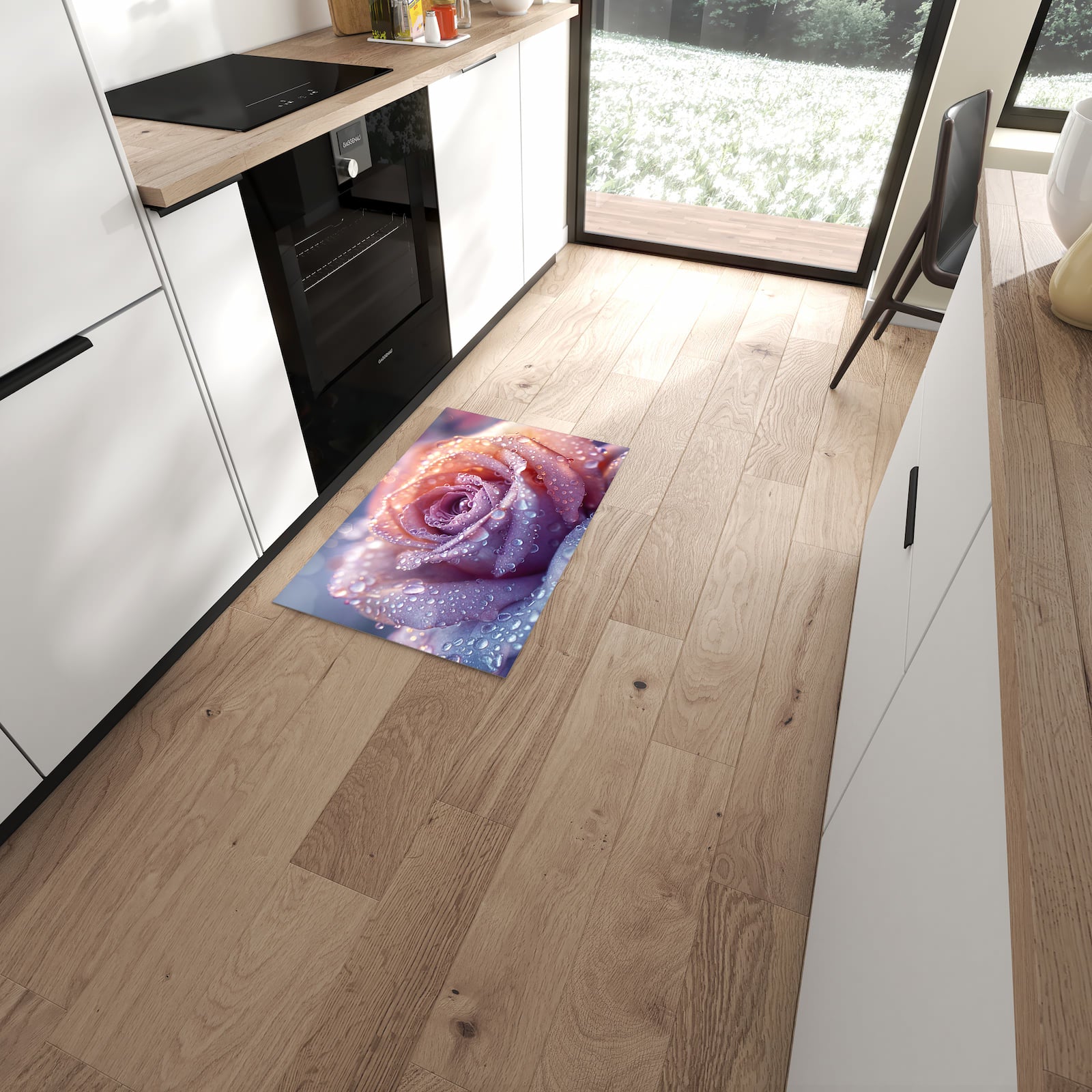 Formstabiler Küchenläufer mit Motiv Nasser Blumenglanz in moderner Küche