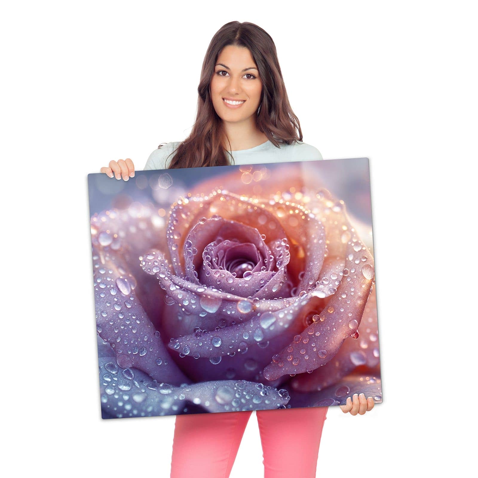 Abdeckplatten für den Herd mit Blüte mit Wassertropfen-Motiv wird zur Größendarstellung gehalten