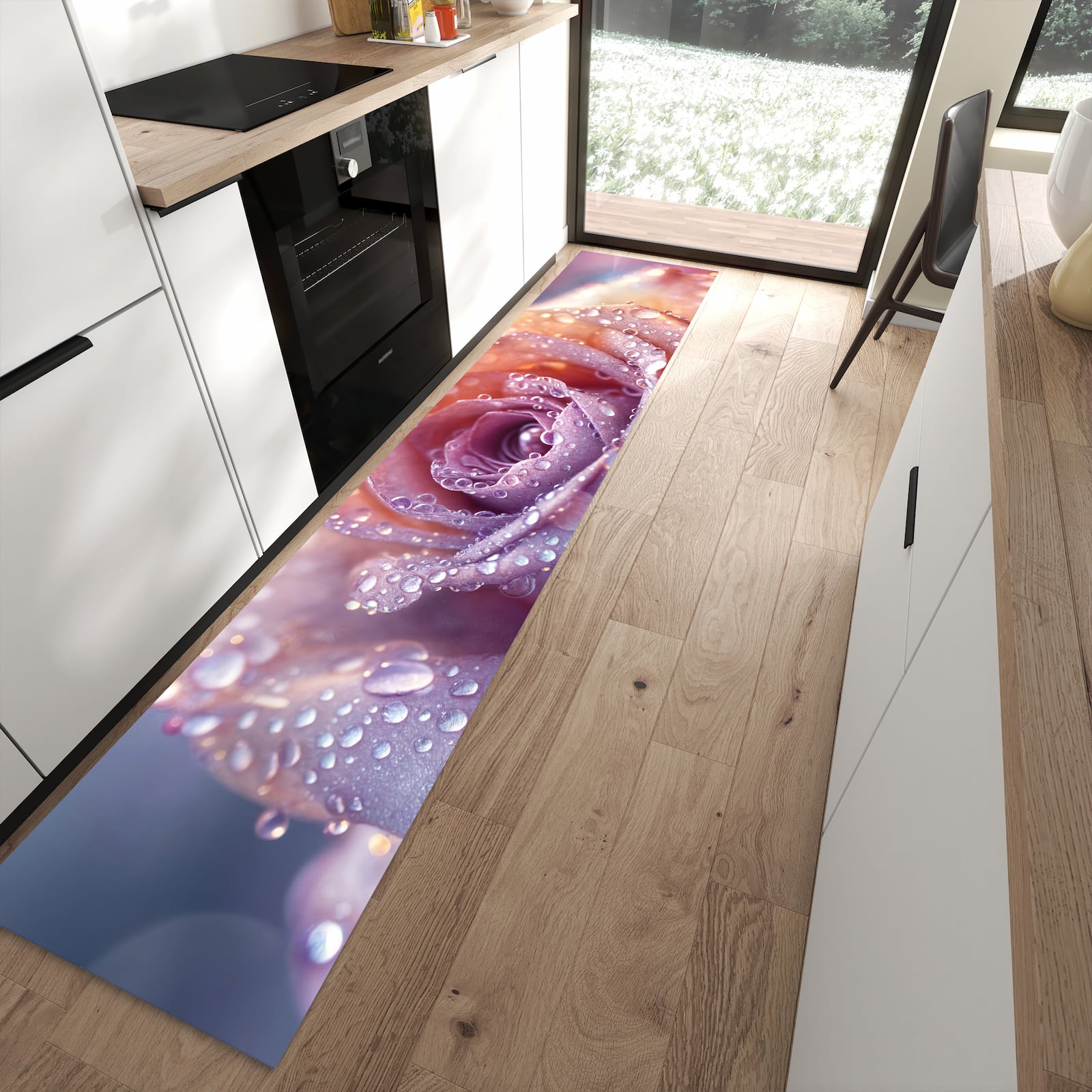 Farbbeständiger Küchenläufer mit Motiv Nasser Blumenglanz in moderner Küche zum Waschen