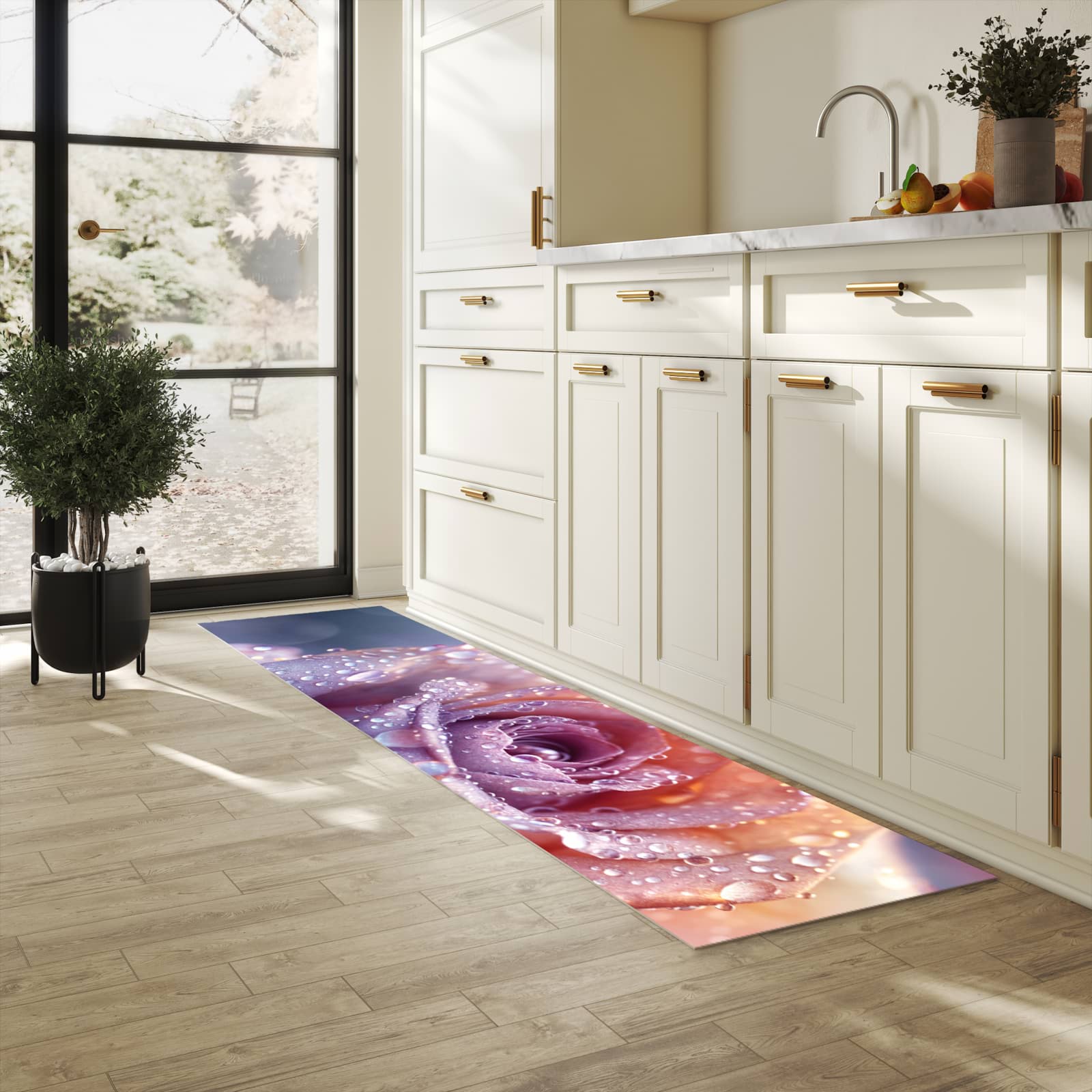 Wasserabweisender Teppichläufer mit Motiv Nasser Blumenglanz in heller Küche