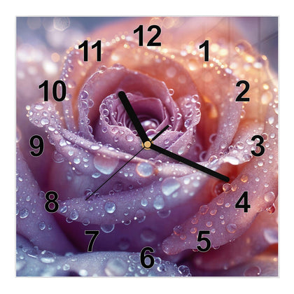 Wanduhr Quadratisch mit dem Motiv Lila Rose im Tau