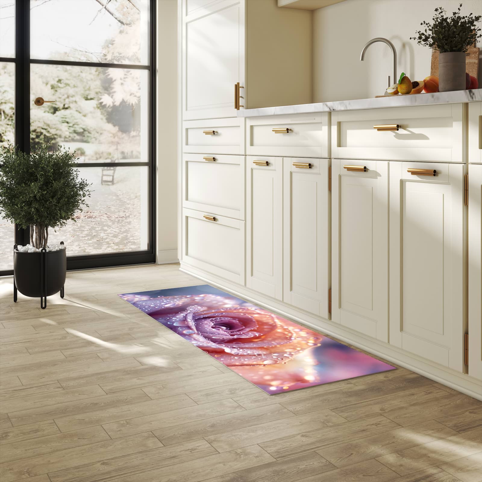 UV-beständiger Küchenläufer mit Motiv Nasser Blumenglanz in heller Küche