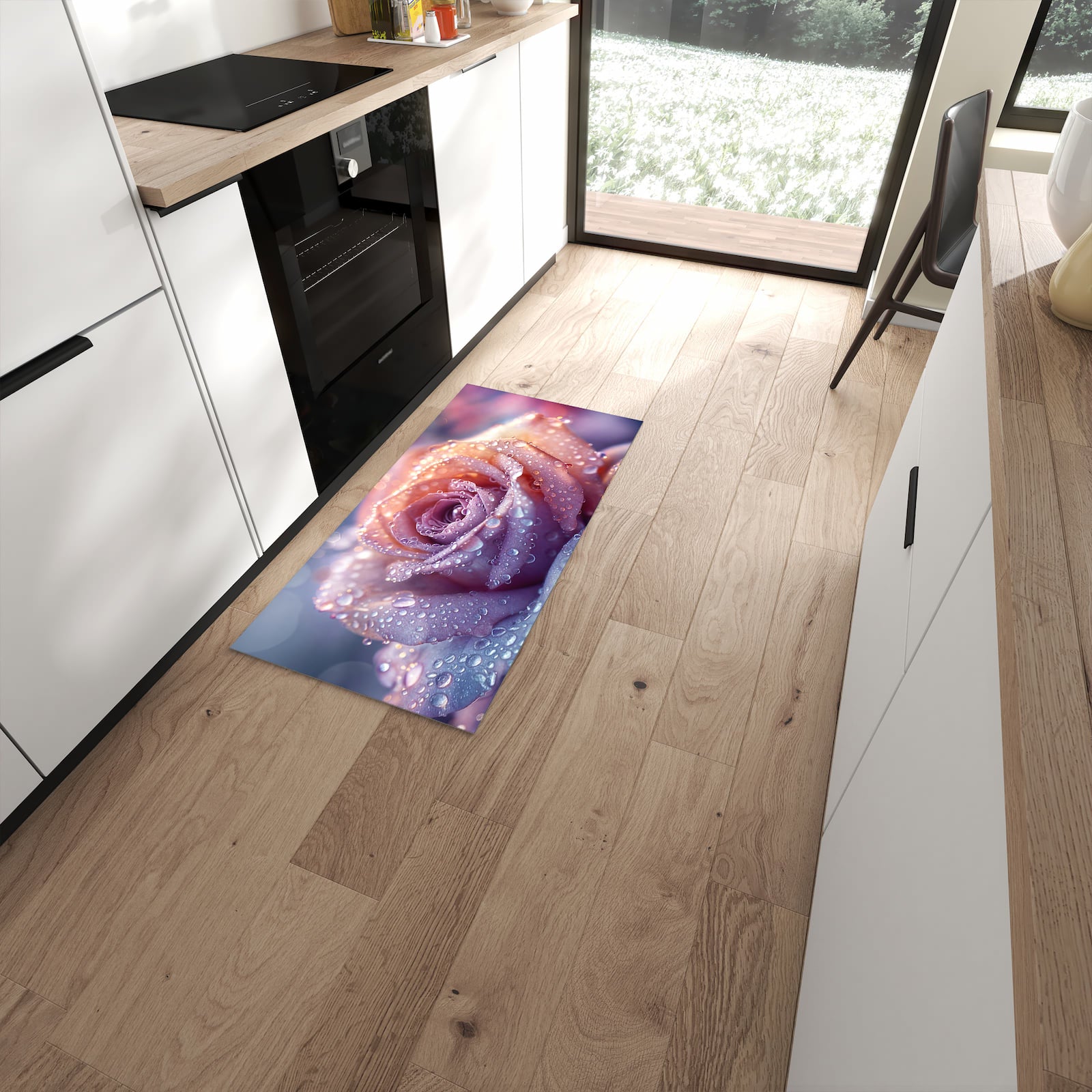 Rutschfester Küchenläufer mit Motiv Nasser Blumenglanz in moderner Küche #grösse_60 x 120 cm