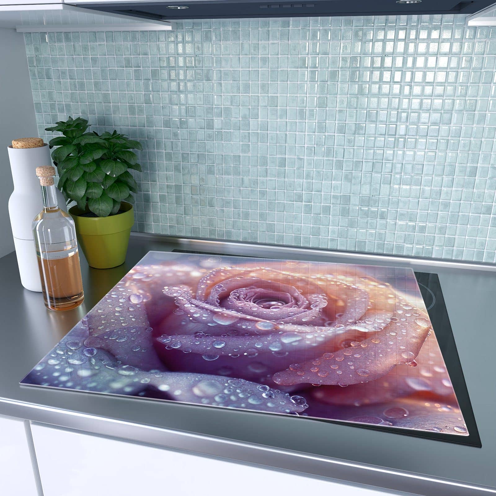 1-teilige Herdabdeckplatte aus Glas mit Blüte mit Wassertropfen-Motiv auf dem Ceranfeld