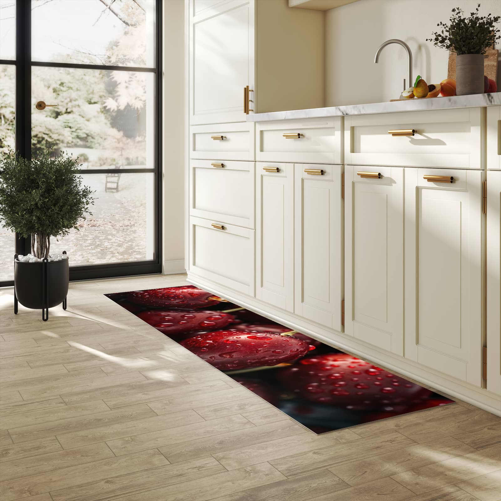 Langlebiger Küchenteppich mit Motiv Reife Kirschen in heller Küche